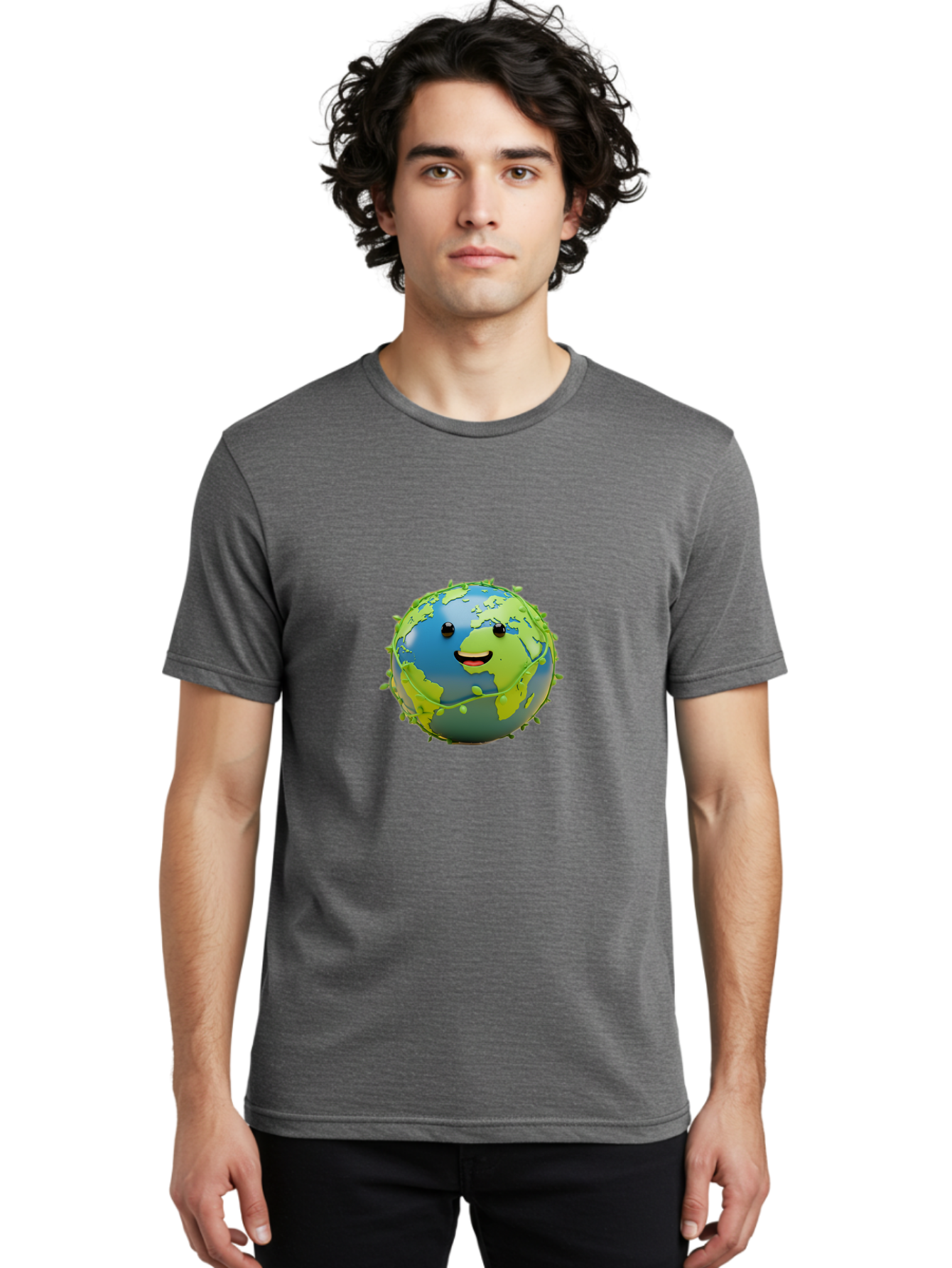 Smiling-Globe-1 Men'S Graphic Tee, 100% Cotton, Comfortable Casual Summer Wear, Machine Washable, Cartoon Globe, Smiling Face, Big Smile, Black Eyes, Coronavirus, Green Virus, Global Infection, World Map, Humor, Satire, Bab415