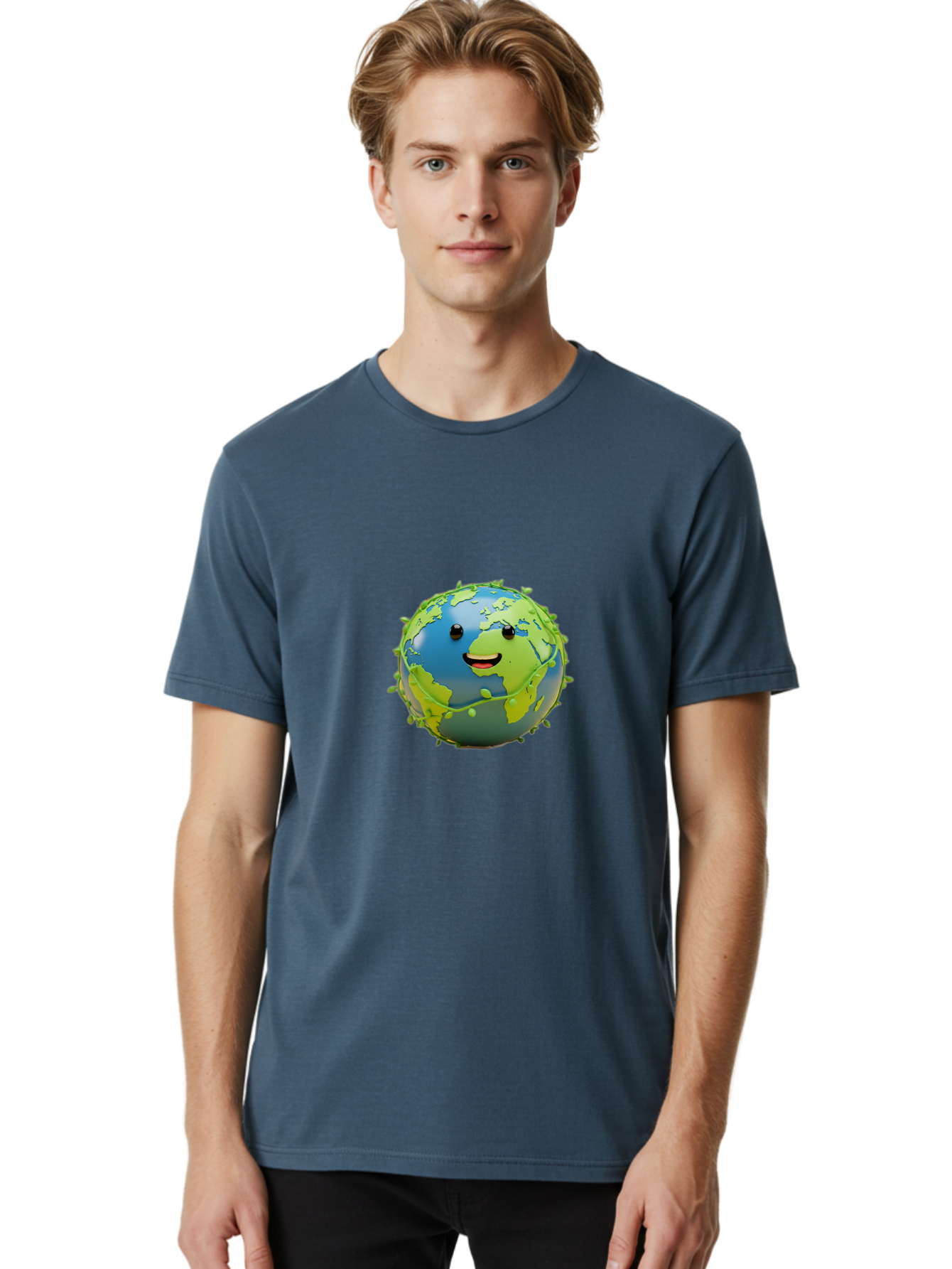 Smiling-Globe-1 Men'S Graphic Tee, 100% Cotton, Comfortable Casual Summer Wear, Machine Washable, Cartoon Globe, Smiling Face, Big Smile, Black Eyes, Coronavirus, Green Virus, Global Infection, World Map, Humor, Satire, Bab415