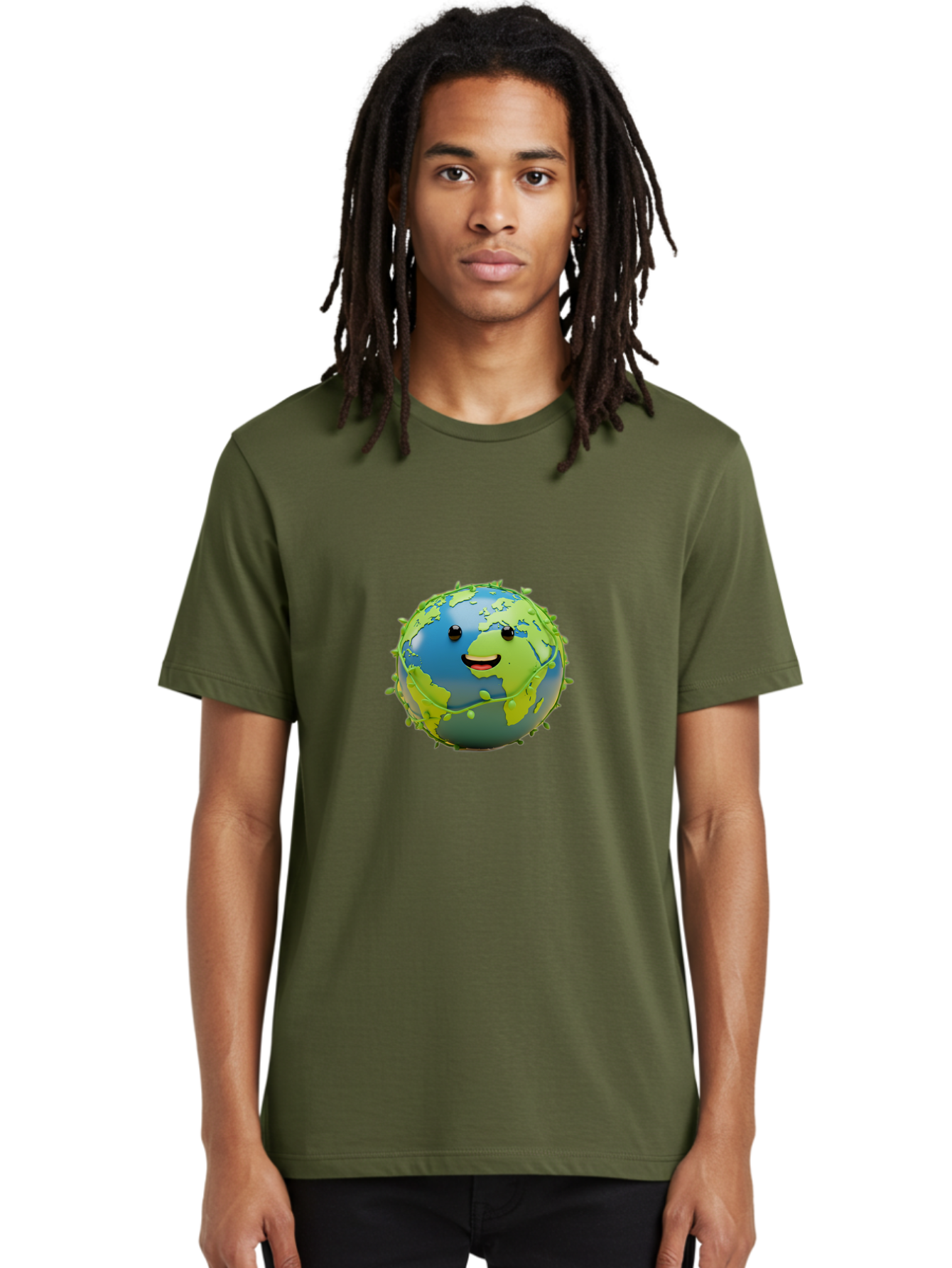 Smiling-Globe-1 Men'S Graphic Tee, 100% Cotton, Comfortable Casual Summer Wear, Machine Washable, Cartoon Globe, Smiling Face, Big Smile, Black Eyes, Coronavirus, Green Virus, Global Infection, World Map, Humor, Satire, Bab415