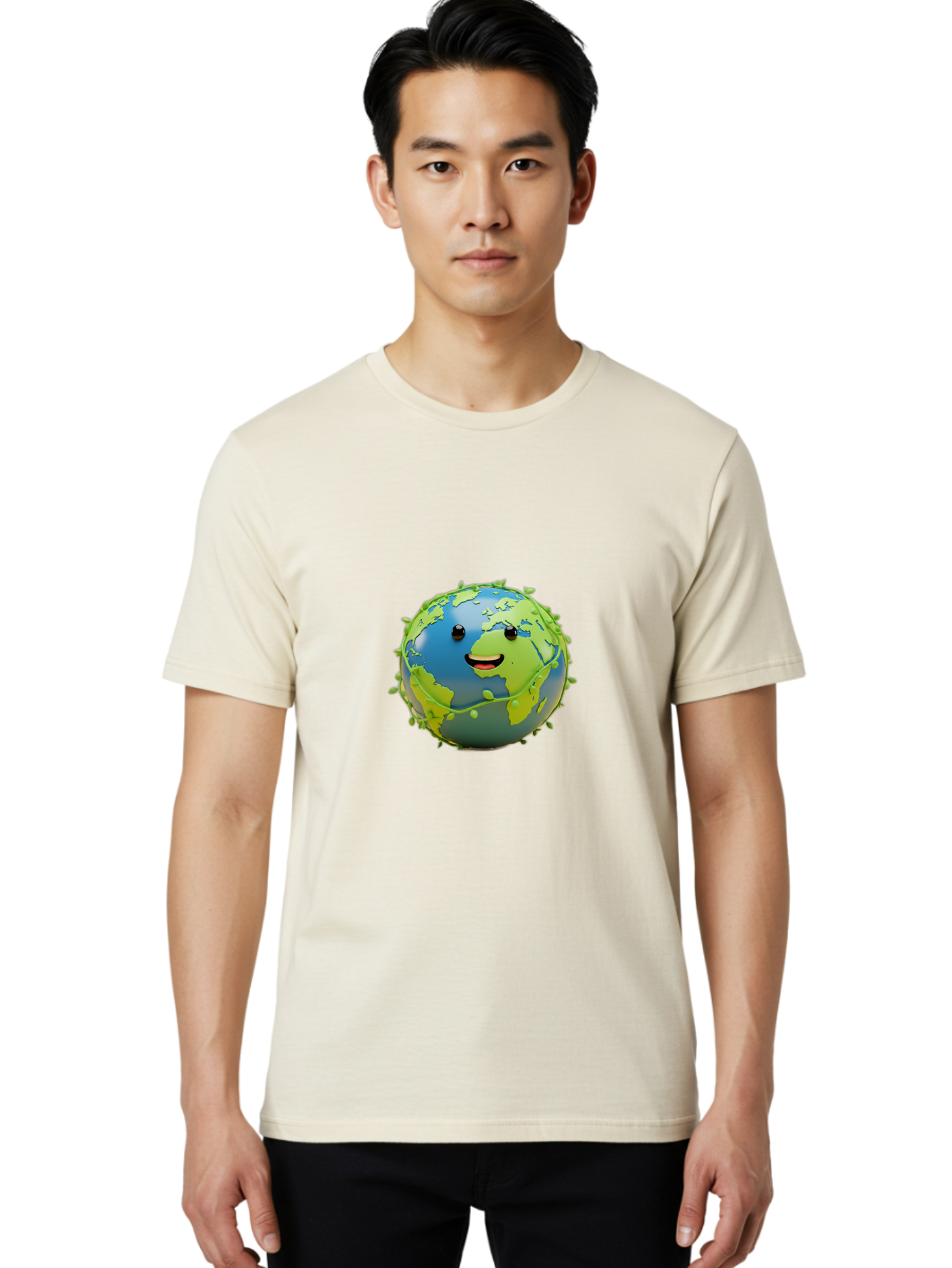 Smiling-Globe-1 Men'S Graphic Tee, 100% Cotton, Comfortable Casual Summer Wear, Machine Washable, Cartoon Globe, Smiling Face, Big Smile, Black Eyes, Coronavirus, Green Virus, Global Infection, World Map, Humor, Satire, Bab415