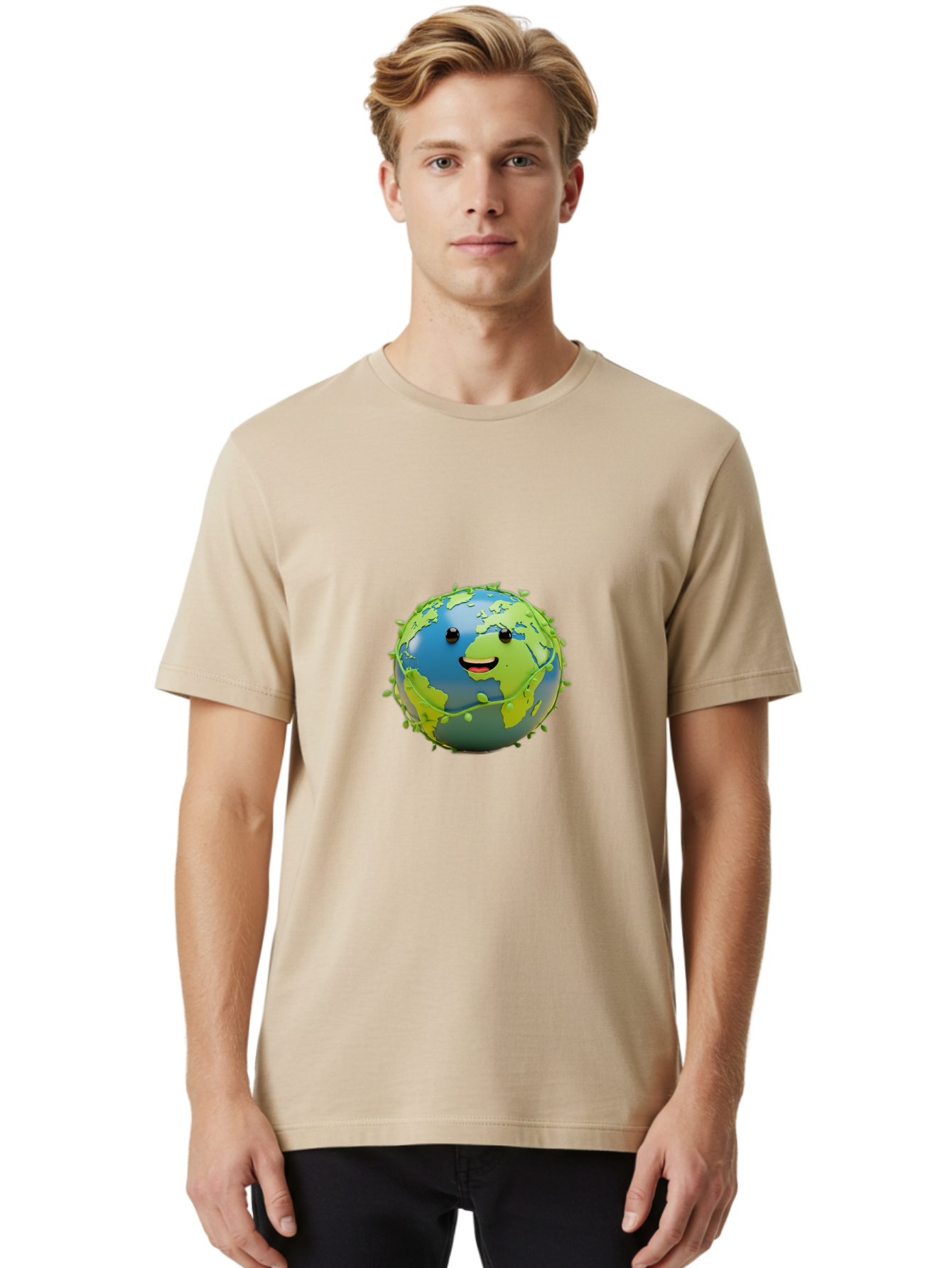 Smiling-Globe-1 Men'S Graphic Tee, 100% Cotton, Comfortable Casual Summer Wear, Machine Washable, Cartoon Globe, Smiling Face, Big Smile, Black Eyes, Coronavirus, Green Virus, Global Infection, World Map, Humor, Satire, Bab415