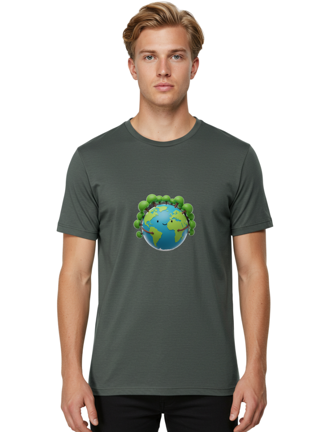 Smiling-Globe Men'S Graphic Tee, 100% Cotton, Comfortable Casual Summer Wear, Machine Washable, Cartoon Globe, Happy Earth, Smiling Planet, Green Leaves, Eco-Friendly, Environmental Awareness, Conservation, Sustainability, Global Unity Bab416