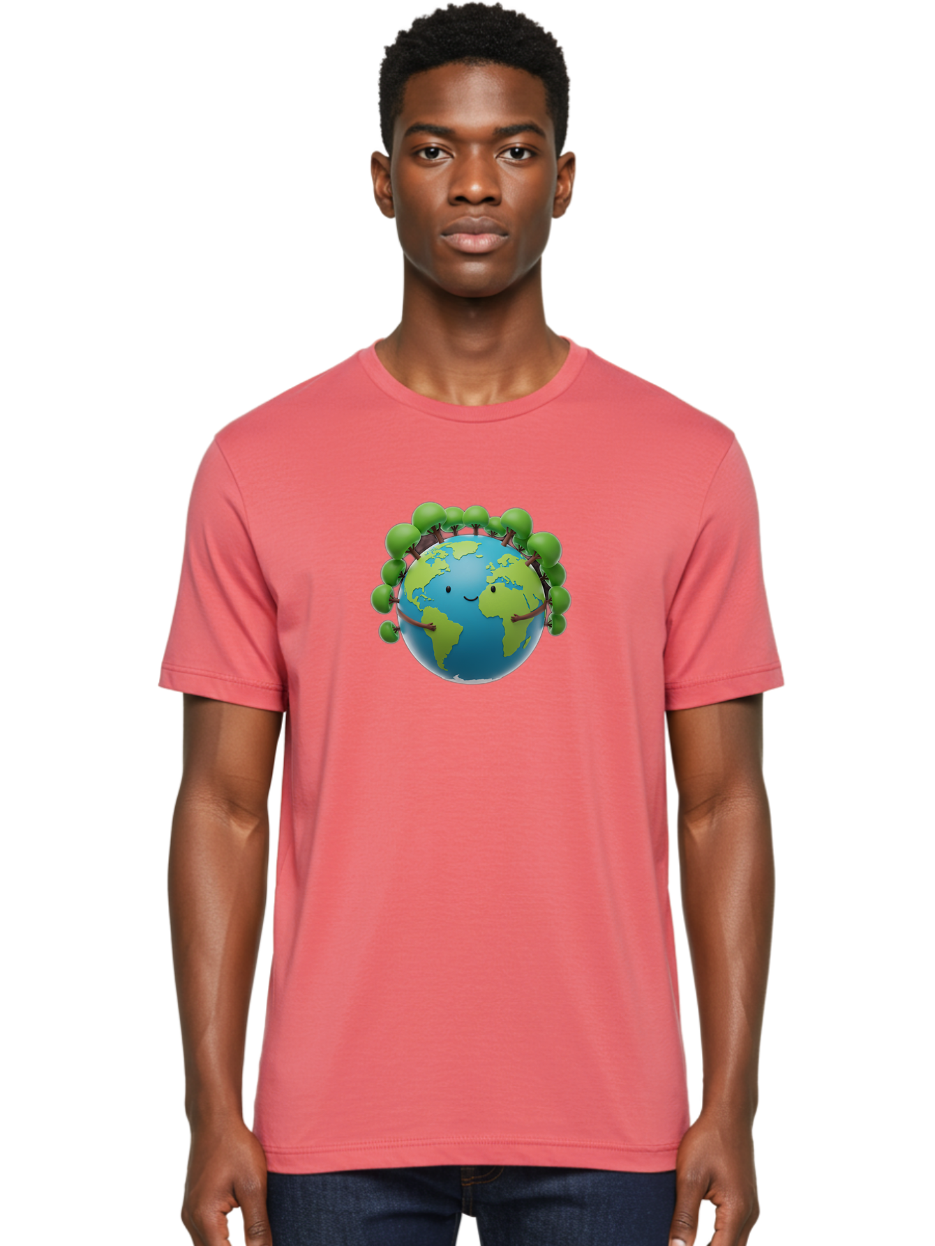 Smiling-Globe Men'S Graphic Tee, 100% Cotton, Comfortable Casual Summer Wear, Machine Washable, Cartoon Globe, Happy Earth, Smiling Planet, Green Leaves, Eco-Friendly, Environmental Awareness, Conservation, Sustainability, Global Unity Bab416