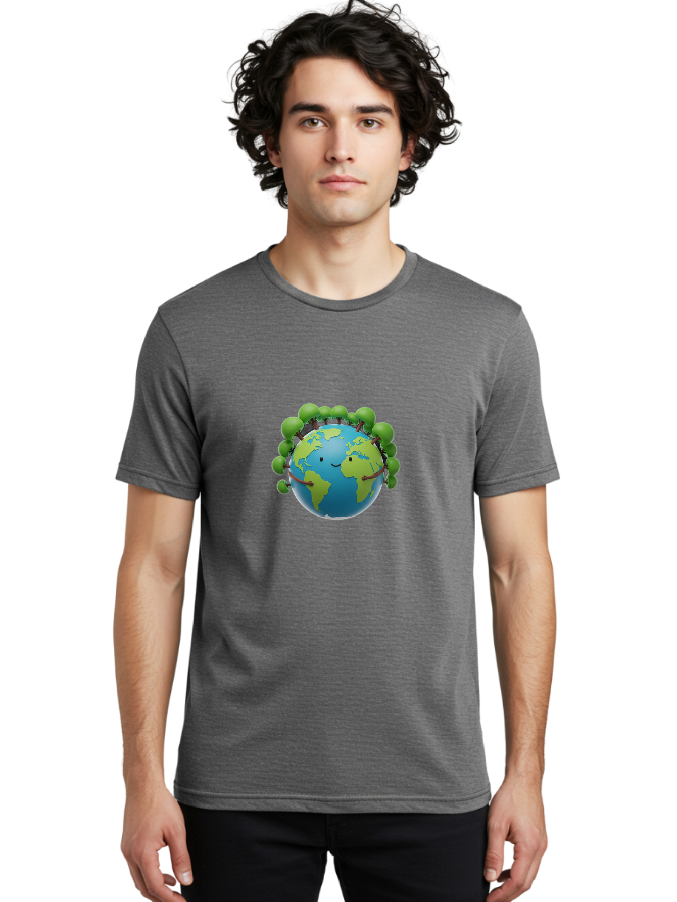 Smiling-Globe Men'S Graphic Tee, 100% Cotton, Comfortable Casual Summer Wear, Machine Washable, Cartoon Globe, Happy Earth, Smiling Planet, Green Leaves, Eco-Friendly, Environmental Awareness, Conservation, Sustainability, Global Unity Bab416