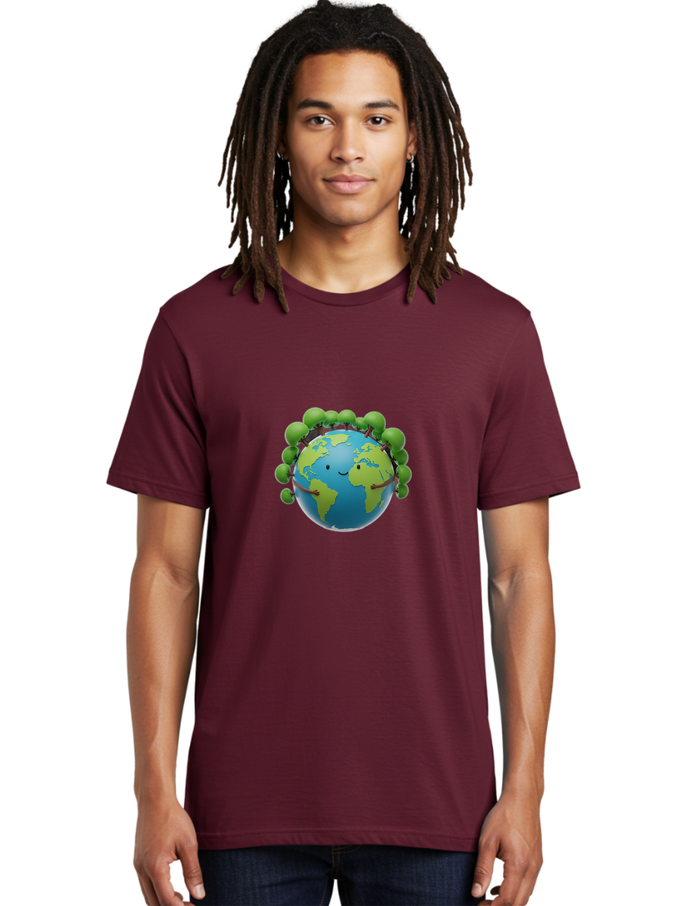 Smiling-Globe Men'S Graphic Tee, 100% Cotton, Comfortable Casual Summer Wear, Machine Washable, Cartoon Globe, Happy Earth, Smiling Planet, Green Leaves, Eco-Friendly, Environmental Awareness, Conservation, Sustainability, Global Unity Bab416