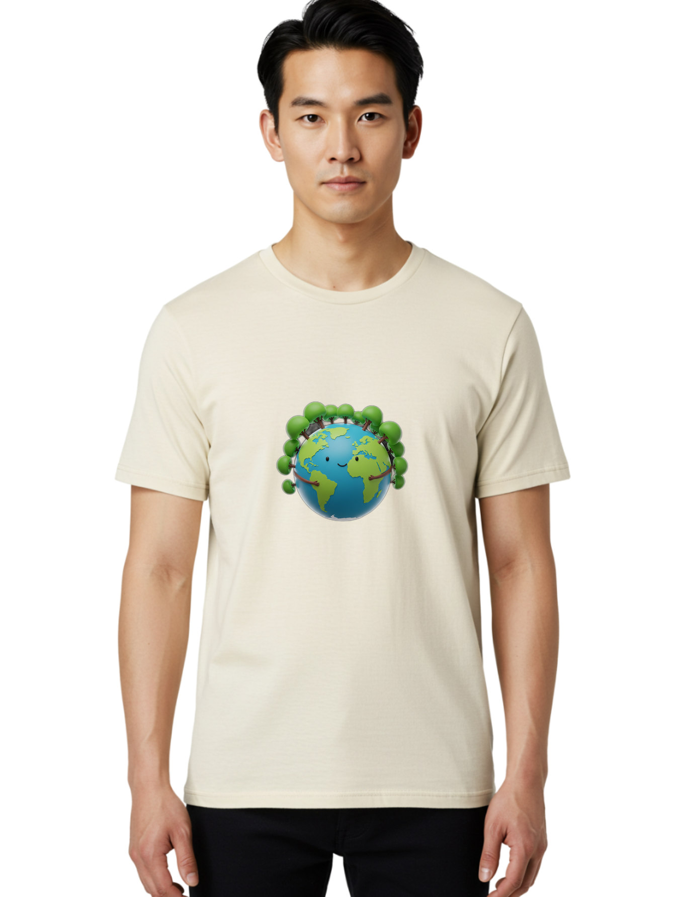 Smiling-Globe Men'S Graphic Tee, 100% Cotton, Comfortable Casual Summer Wear, Machine Washable, Cartoon Globe, Happy Earth, Smiling Planet, Green Leaves, Eco-Friendly, Environmental Awareness, Conservation, Sustainability, Global Unity Bab416