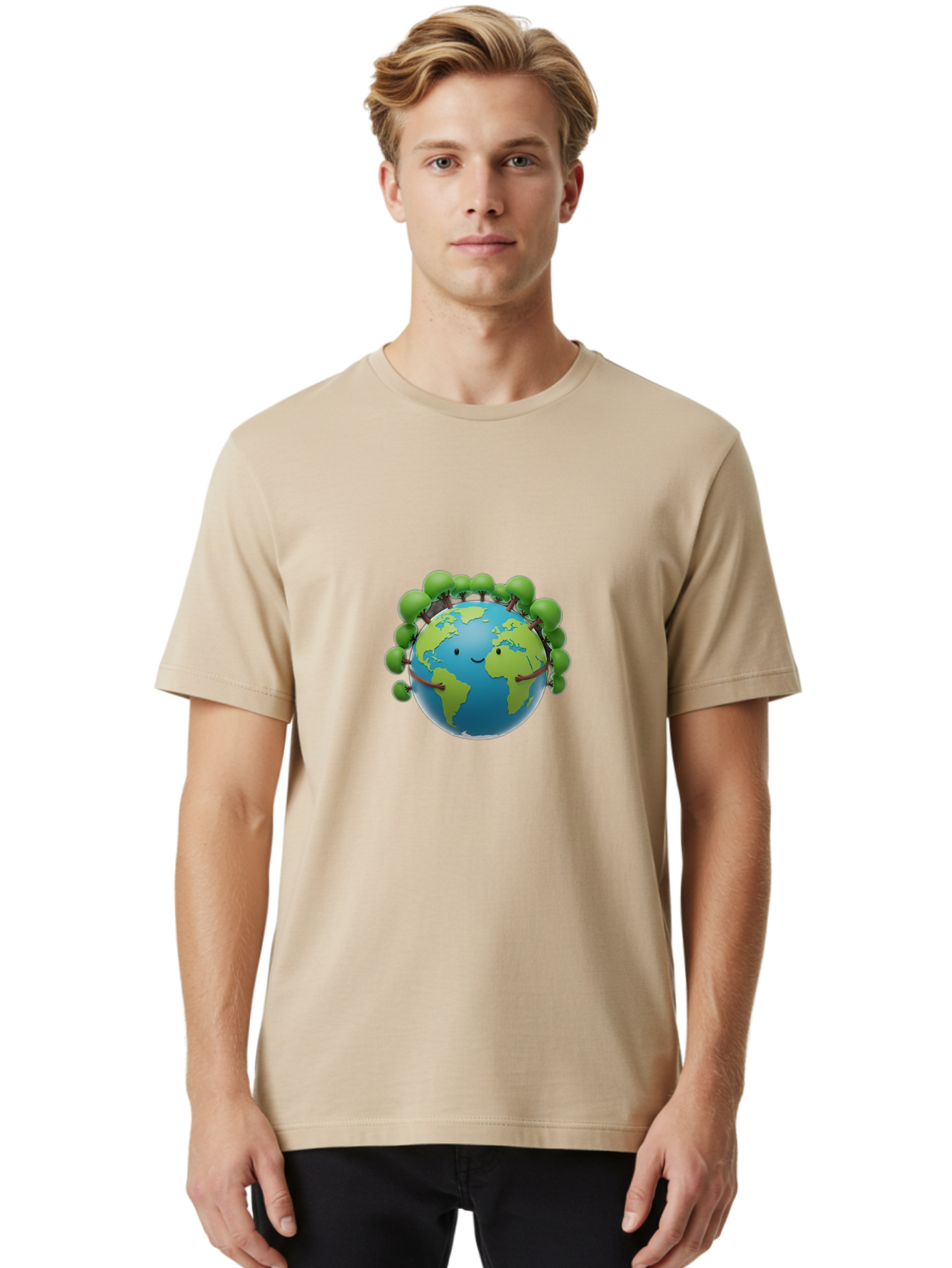 Smiling-Globe Men'S Graphic Tee, 100% Cotton, Comfortable Casual Summer Wear, Machine Washable, Cartoon Globe, Happy Earth, Smiling Planet, Green Leaves, Eco-Friendly, Environmental Awareness, Conservation, Sustainability, Global Unity Bab416