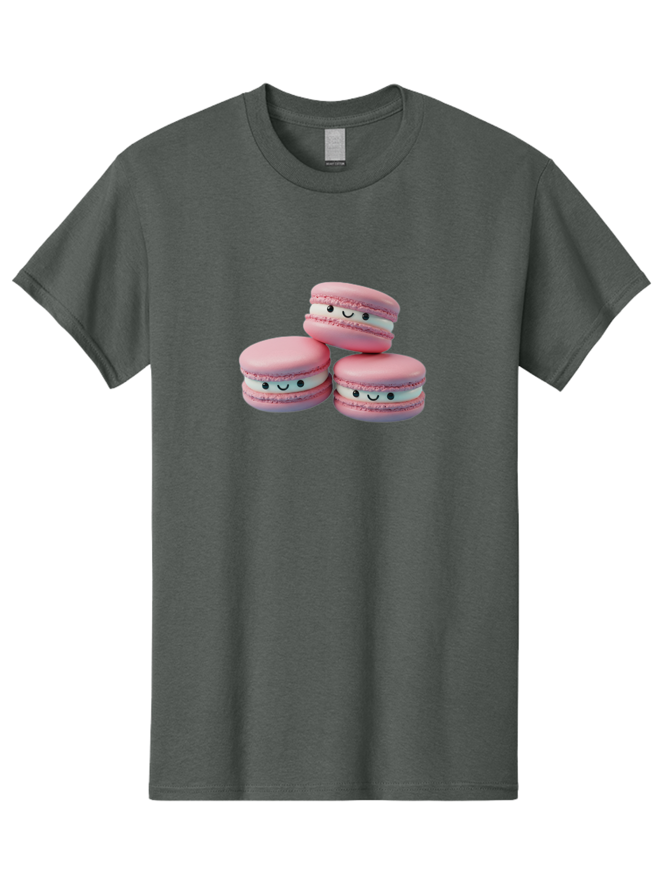 Smiling-Macarons-1 Men'S Graphic Tee, 100% Cotton, Comfortable Casual Summer Wear, Machine Washable, Pink Macarons, Smiley Faces, Cartoon Style, French Patisserie, Sweet Treats, Desserts, Bakery Items, Fun Food, Cute Pastries, Bab418