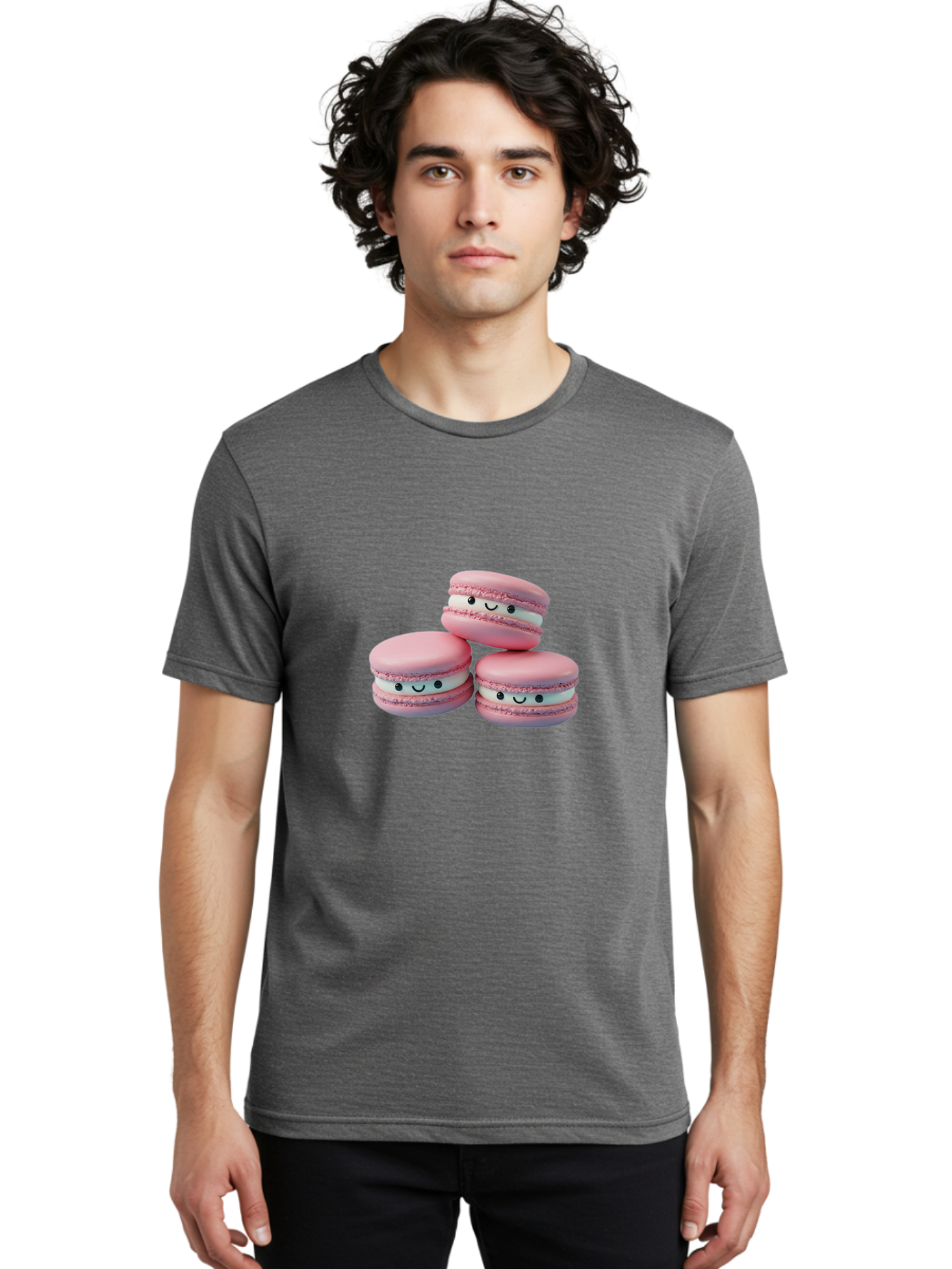 Smiling-Macarons-1 Men'S Graphic Tee, 100% Cotton, Comfortable Casual Summer Wear, Machine Washable, Pink Macarons, Smiley Faces, Cartoon Style, French Patisserie, Sweet Treats, Desserts, Bakery Items, Fun Food, Cute Pastries, Bab418