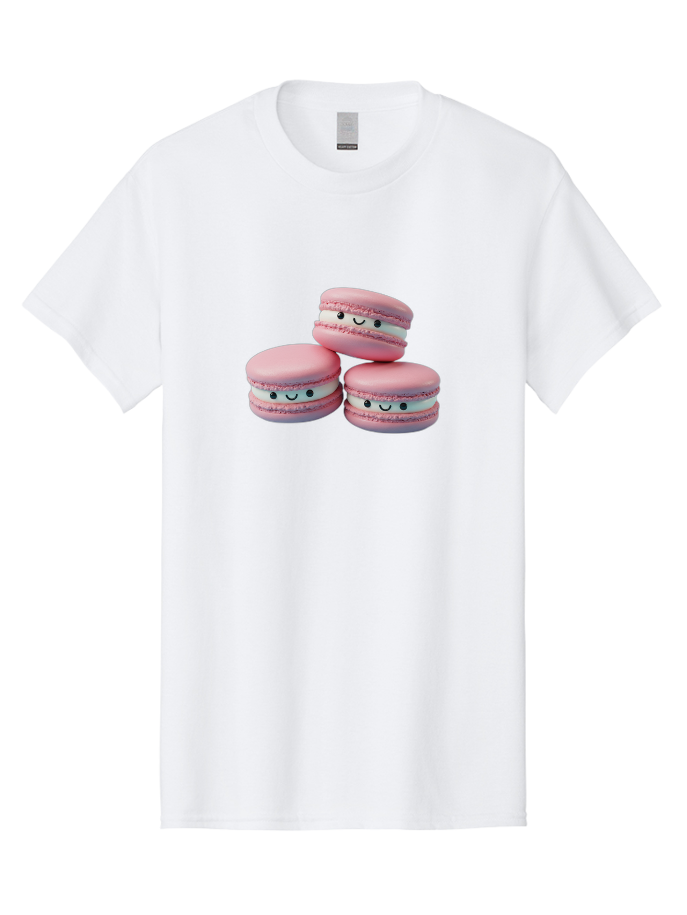 Smiling-Macarons-1 Men'S Graphic Tee, 100% Cotton, Comfortable Casual Summer Wear, Machine Washable, Pink Macarons, Smiley Faces, Cartoon Style, French Patisserie, Sweet Treats, Desserts, Bakery Items, Fun Food, Cute Pastries, Bab418