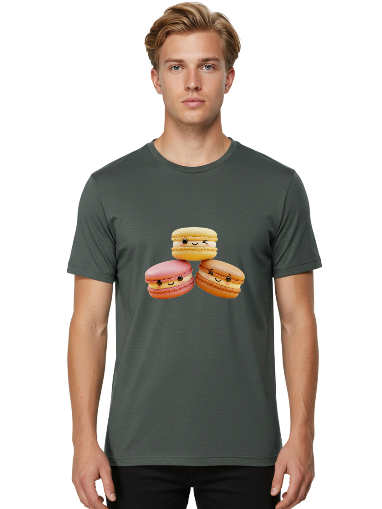 Smiling-Macarons-2 Men'S Graphic Tee, 100% Cotton, Comfortable Casual Summer Wear, Machine Washable, Colorful Macarons, Smiling Faces, Pastel Colors, Sweet Treats, Dessert, French Patisserie, Whimsical Design, Cute Pastries, Bakery Delights Bab419