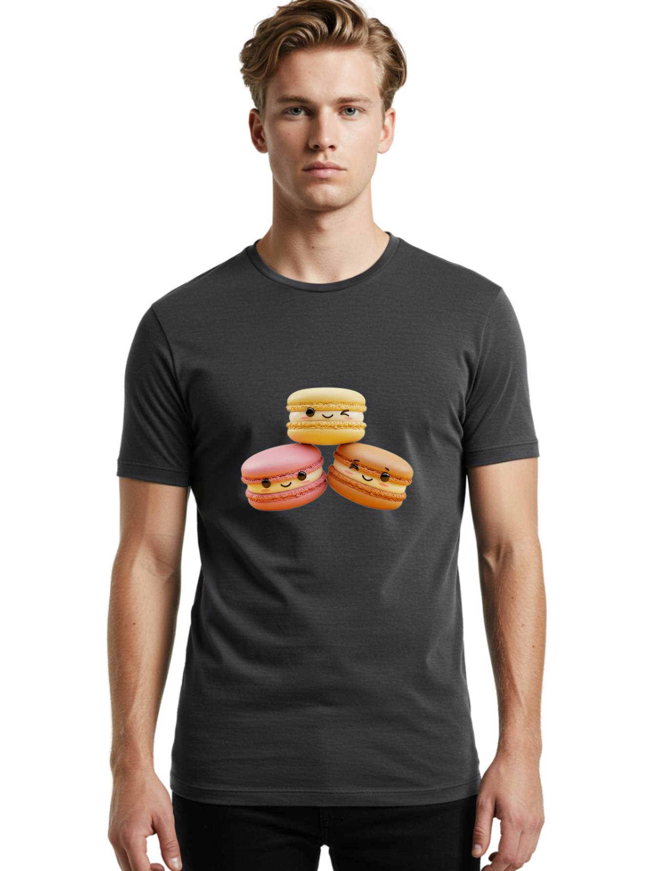 Smiling-Macarons-2 Men'S Graphic Tee, 100% Cotton, Comfortable Casual Summer Wear, Machine Washable, Colorful Macarons, Smiling Faces, Pastel Colors, Sweet Treats, Dessert, French Patisserie, Whimsical Design, Cute Pastries, Bakery Delights Bab419