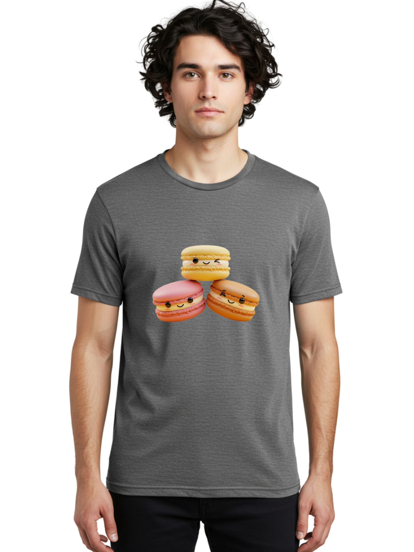 Smiling-Macarons-2 Men'S Graphic Tee, 100% Cotton, Comfortable Casual Summer Wear, Machine Washable, Colorful Macarons, Smiling Faces, Pastel Colors, Sweet Treats, Dessert, French Patisserie, Whimsical Design, Cute Pastries, Bakery Delights Bab419