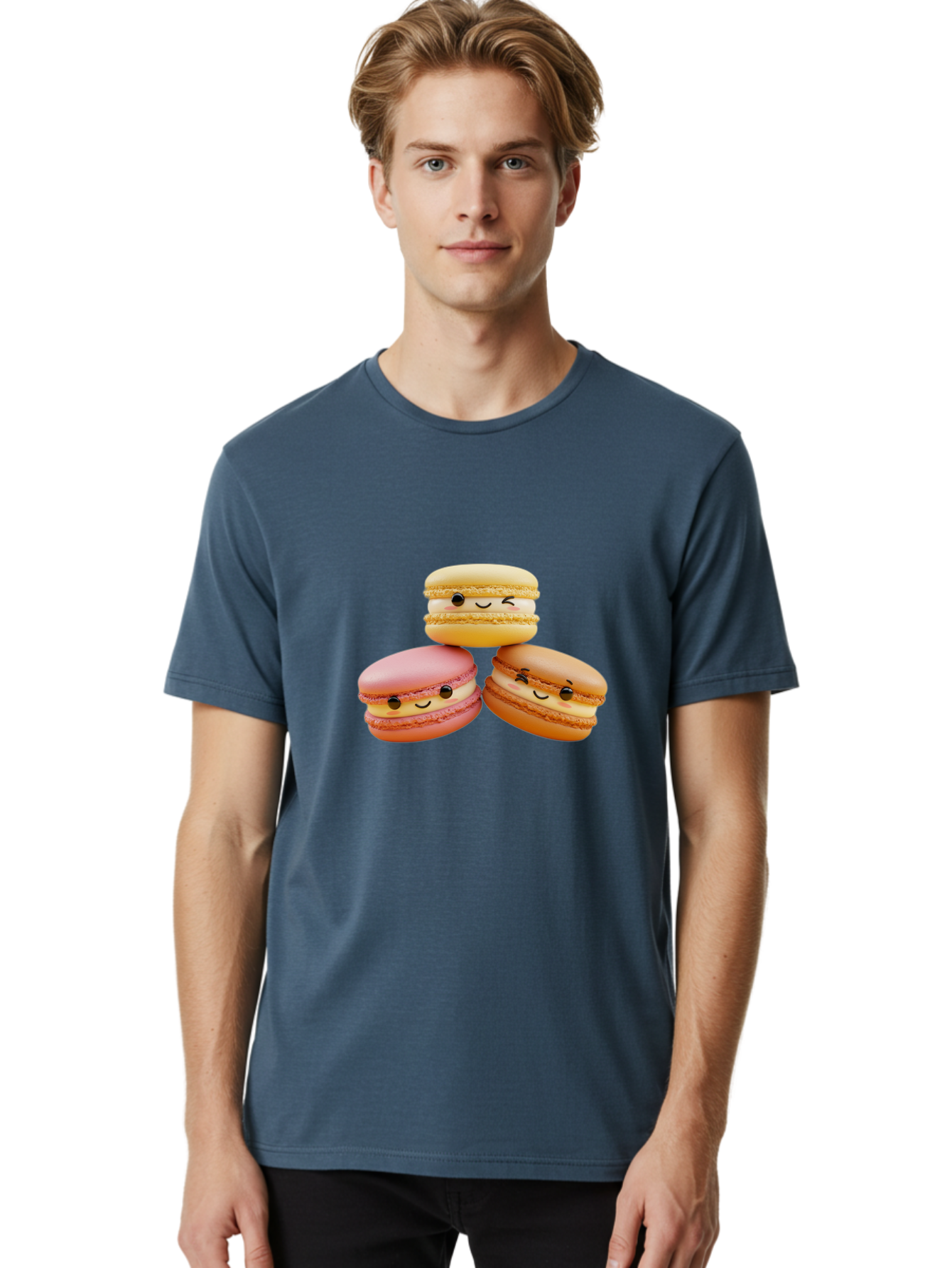 Smiling-Macarons-2 Men'S Graphic Tee, 100% Cotton, Comfortable Casual Summer Wear, Machine Washable, Colorful Macarons, Smiling Faces, Pastel Colors, Sweet Treats, Dessert, French Patisserie, Whimsical Design, Cute Pastries, Bakery Delights Bab419