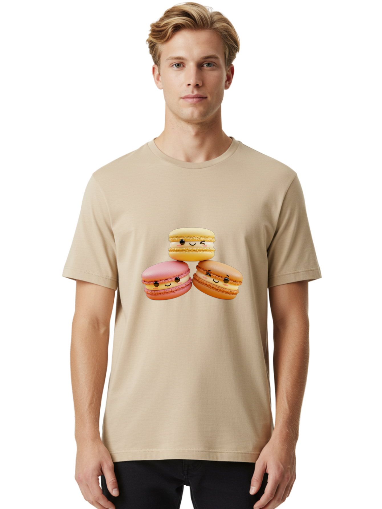 Smiling-Macarons-2 Men'S Graphic Tee, 100% Cotton, Comfortable Casual Summer Wear, Machine Washable, Colorful Macarons, Smiling Faces, Pastel Colors, Sweet Treats, Dessert, French Patisserie, Whimsical Design, Cute Pastries, Bakery Delights Bab419