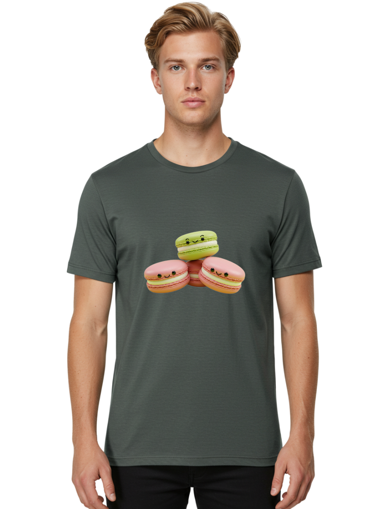 Smiling-Macarons-3 Men'S Graphic Tee, 100% Cotton, Comfortable Casual Summer Wear, Machine Washable, Pink And Green Macarons, French Dessert, Cute Emoticons, Smiley Faces, Sweet Treats, Pastel Colors, Dessert Photography Bab420
