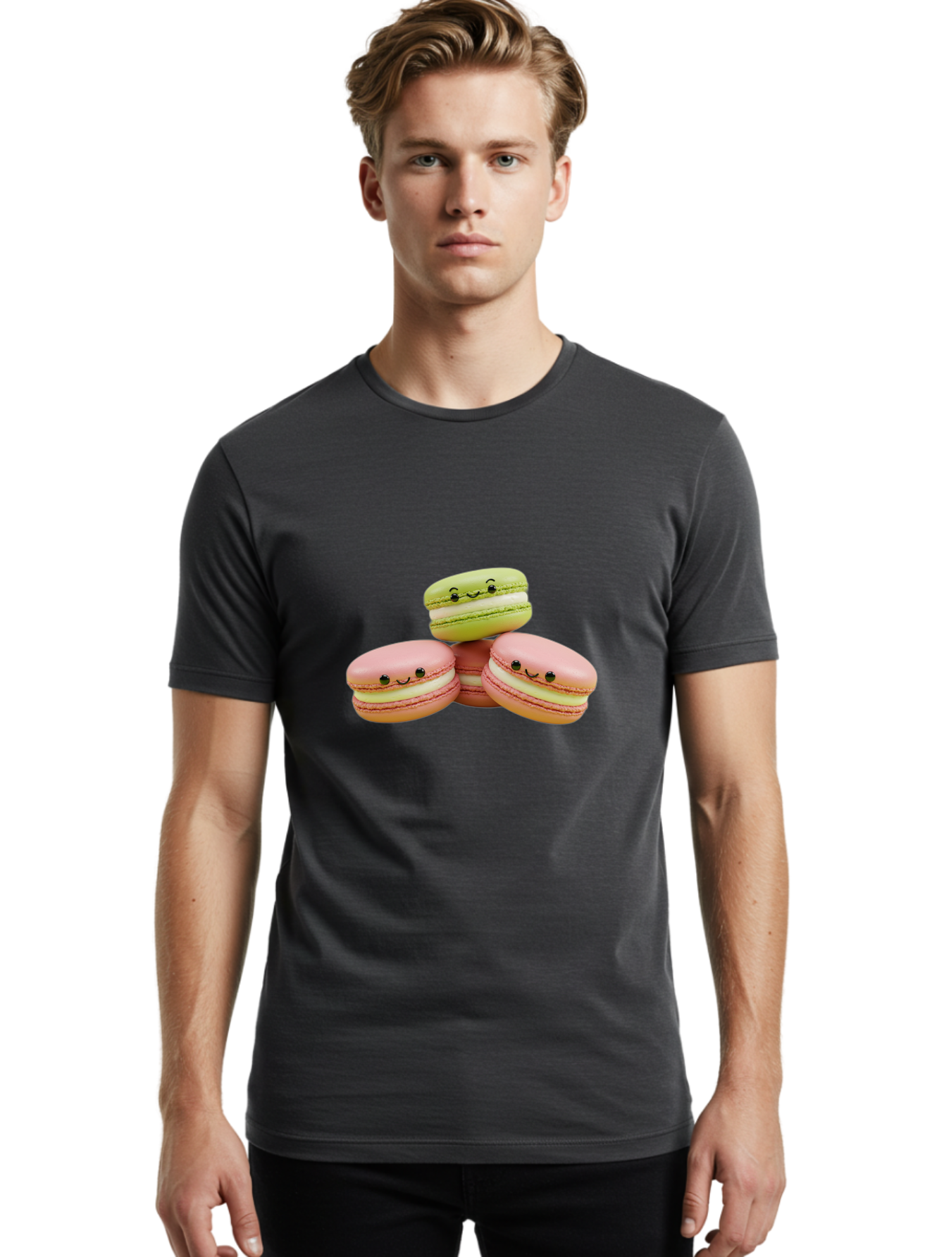 Smiling-Macarons-3 Men'S Graphic Tee, 100% Cotton, Comfortable Casual Summer Wear, Machine Washable, Pink And Green Macarons, French Dessert, Cute Emoticons, Smiley Faces, Sweet Treats, Pastel Colors, Dessert Photography Bab420