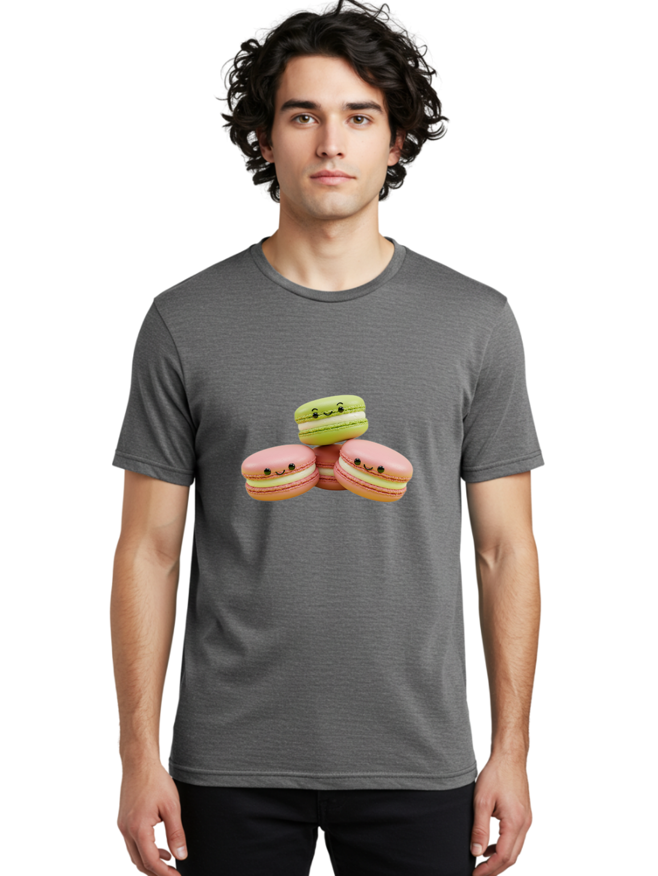 Smiling-Macarons-3 Men'S Graphic Tee, 100% Cotton, Comfortable Casual Summer Wear, Machine Washable, Pink And Green Macarons, French Dessert, Cute Emoticons, Smiley Faces, Sweet Treats, Pastel Colors, Dessert Photography Bab420
