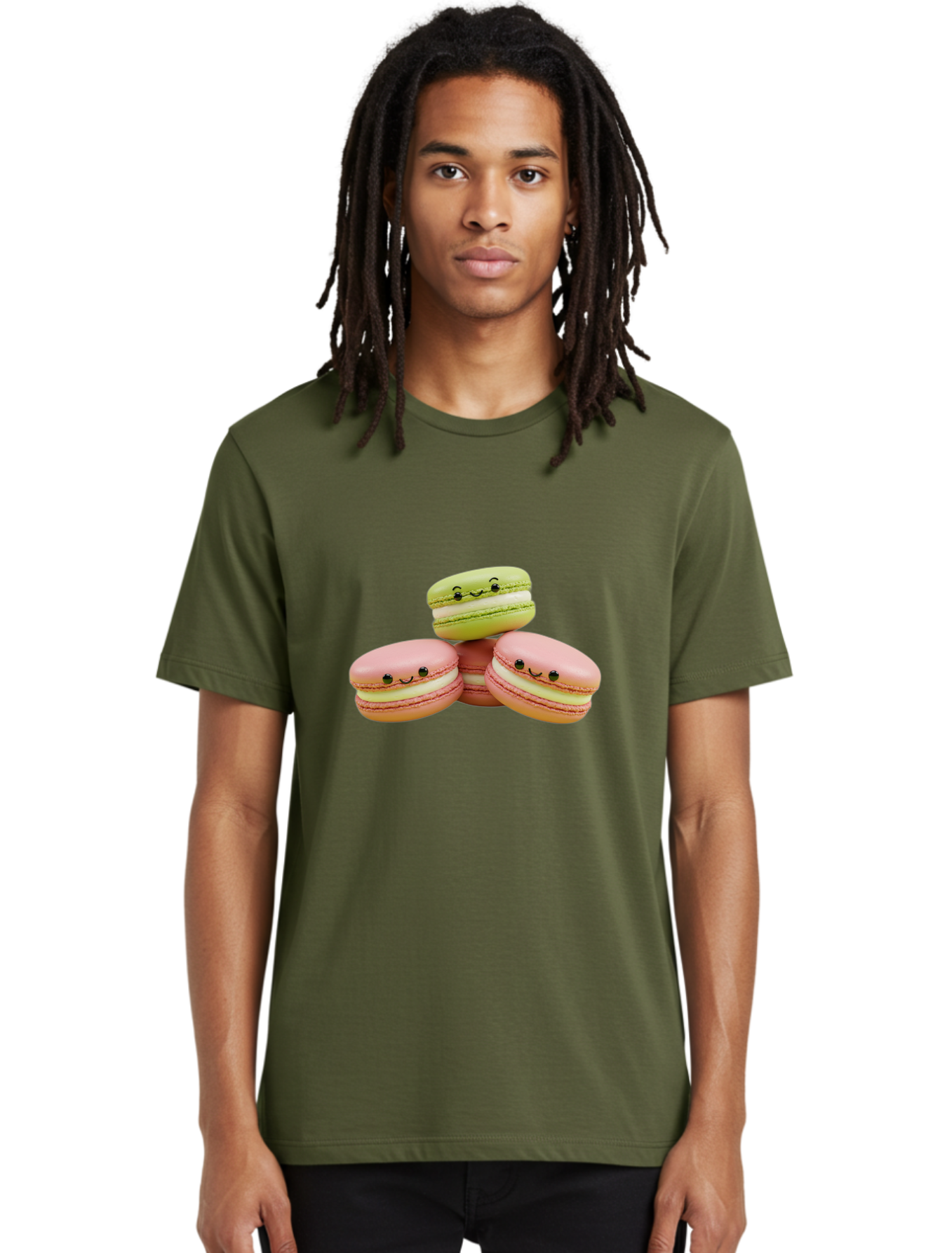 Smiling-Macarons-3 Men'S Graphic Tee, 100% Cotton, Comfortable Casual Summer Wear, Machine Washable, Pink And Green Macarons, French Dessert, Cute Emoticons, Smiley Faces, Sweet Treats, Pastel Colors, Dessert Photography Bab420