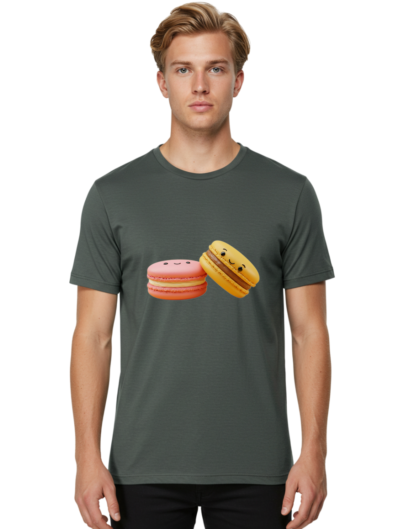 Smiling-Macarons-4 Men'S Graphic Tee, 100% Cotton, Comfortable Casual Summer Wear, Machine Washable, Pink Macaron, Smiling Face, Yellow Macaron, Winking Face, Chocolate Filling, Pastel Colors, Cute Desserts, Sweet Treats, French Patisserie, Bab421