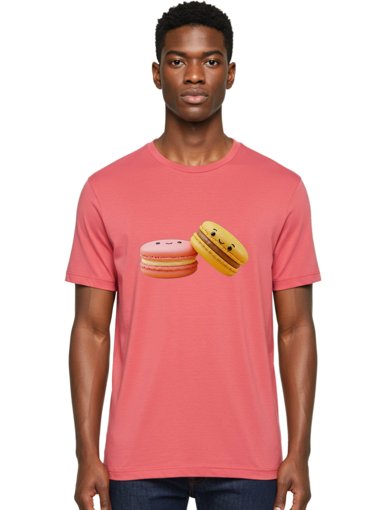 Smiling-Macarons-4 Men'S Graphic Tee, 100% Cotton, Comfortable Casual Summer Wear, Machine Washable, Pink Macaron, Smiling Face, Yellow Macaron, Winking Face, Chocolate Filling, Pastel Colors, Cute Desserts, Sweet Treats, French Patisserie, Bab421