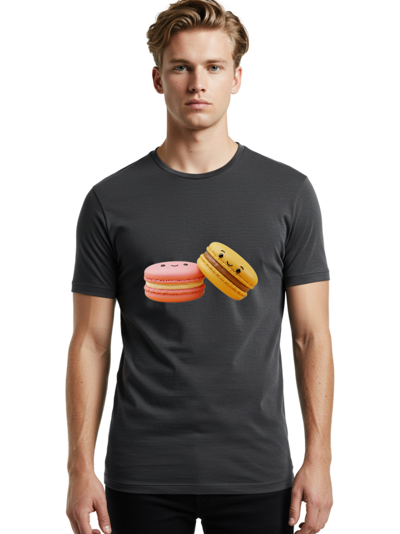 Smiling-Macarons-4 Men'S Graphic Tee, 100% Cotton, Comfortable Casual Summer Wear, Machine Washable, Pink Macaron, Smiling Face, Yellow Macaron, Winking Face, Chocolate Filling, Pastel Colors, Cute Desserts, Sweet Treats, French Patisserie, Bab421