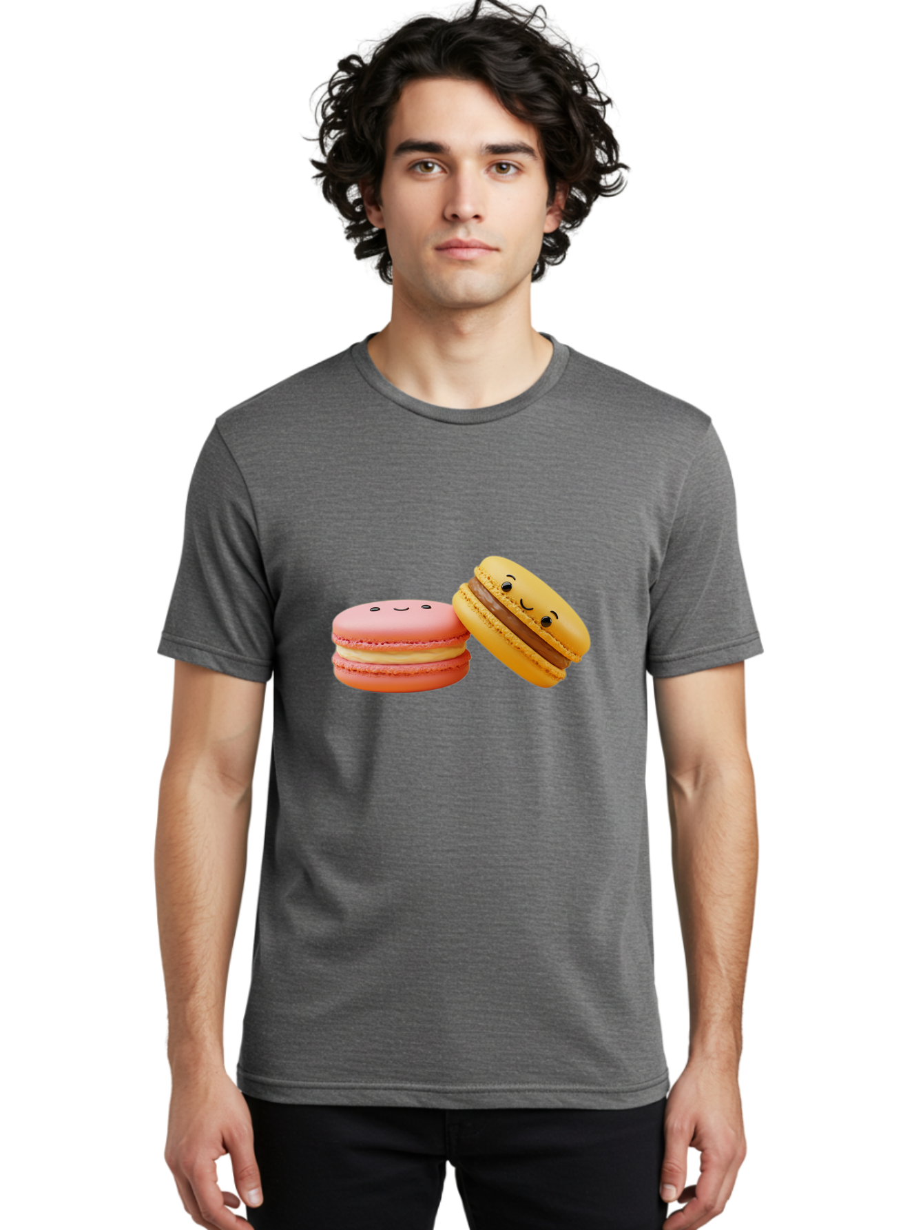 Smiling-Macarons-4 Men'S Graphic Tee, 100% Cotton, Comfortable Casual Summer Wear, Machine Washable, Pink Macaron, Smiling Face, Yellow Macaron, Winking Face, Chocolate Filling, Pastel Colors, Cute Desserts, Sweet Treats, French Patisserie, Bab421