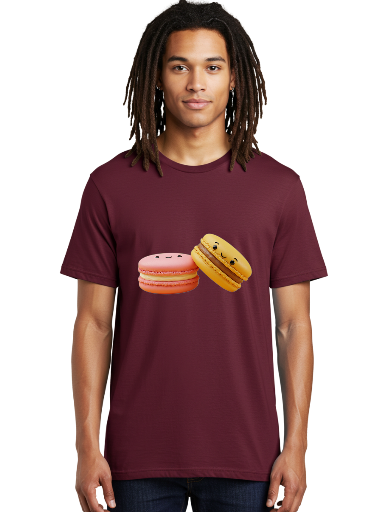 Smiling-Macarons-4 Men'S Graphic Tee, 100% Cotton, Comfortable Casual Summer Wear, Machine Washable, Pink Macaron, Smiling Face, Yellow Macaron, Winking Face, Chocolate Filling, Pastel Colors, Cute Desserts, Sweet Treats, French Patisserie, Bab421