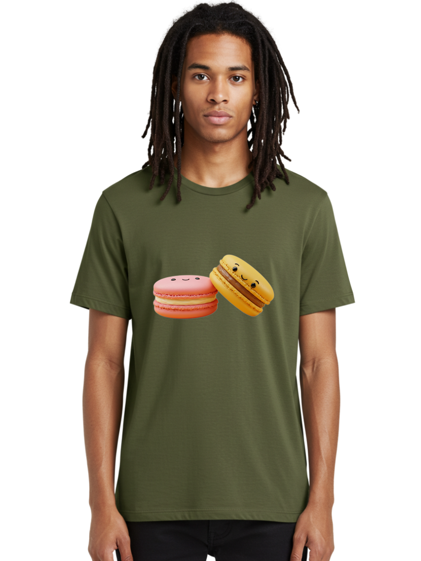 Smiling-Macarons-4 Men'S Graphic Tee, 100% Cotton, Comfortable Casual Summer Wear, Machine Washable, Pink Macaron, Smiling Face, Yellow Macaron, Winking Face, Chocolate Filling, Pastel Colors, Cute Desserts, Sweet Treats, French Patisserie, Bab421