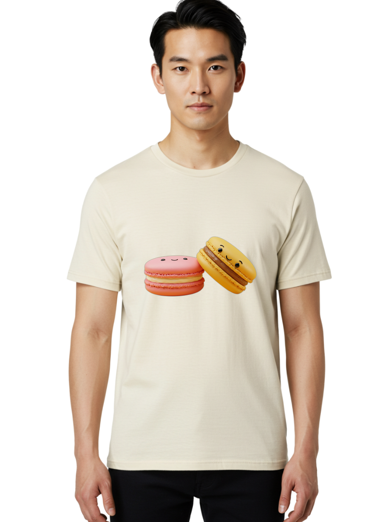 Smiling-Macarons-4 Men'S Graphic Tee, 100% Cotton, Comfortable Casual Summer Wear, Machine Washable, Pink Macaron, Smiling Face, Yellow Macaron, Winking Face, Chocolate Filling, Pastel Colors, Cute Desserts, Sweet Treats, French Patisserie, Bab421