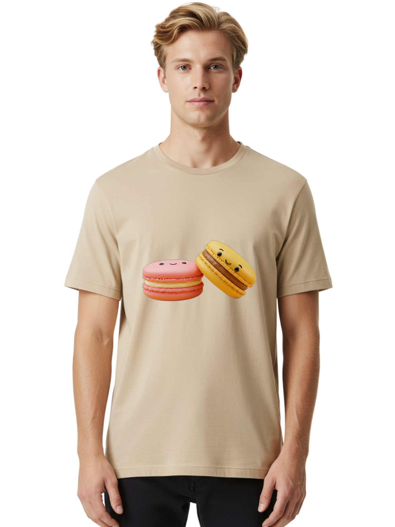 Smiling-Macarons-4 Men'S Graphic Tee, 100% Cotton, Comfortable Casual Summer Wear, Machine Washable, Pink Macaron, Smiling Face, Yellow Macaron, Winking Face, Chocolate Filling, Pastel Colors, Cute Desserts, Sweet Treats, French Patisserie, Bab421