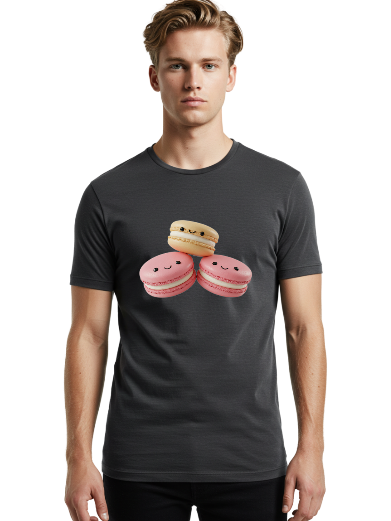 Smiling-Macarons-5 Men'S Graphic Tee, 100% Cotton, Comfortable Casual Summer Wear, Machine Washable, Pink Macarons, Smiling Face, Cute Desserts, French Pastries, White Filling, Beige Macaron, Adorable Treats, Sweet Delights, Happy Faces, Bab422