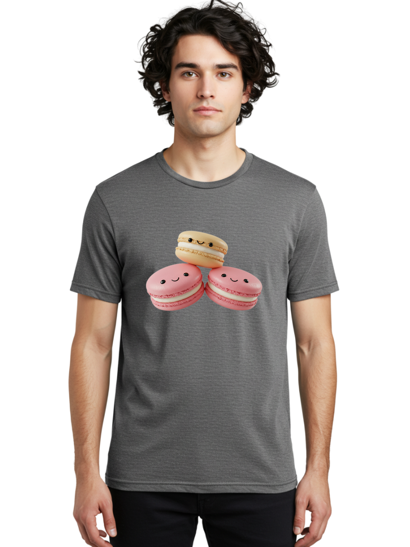 Smiling-Macarons-5 Men'S Graphic Tee, 100% Cotton, Comfortable Casual Summer Wear, Machine Washable, Pink Macarons, Smiling Face, Cute Desserts, French Pastries, White Filling, Beige Macaron, Adorable Treats, Sweet Delights, Happy Faces, Bab422