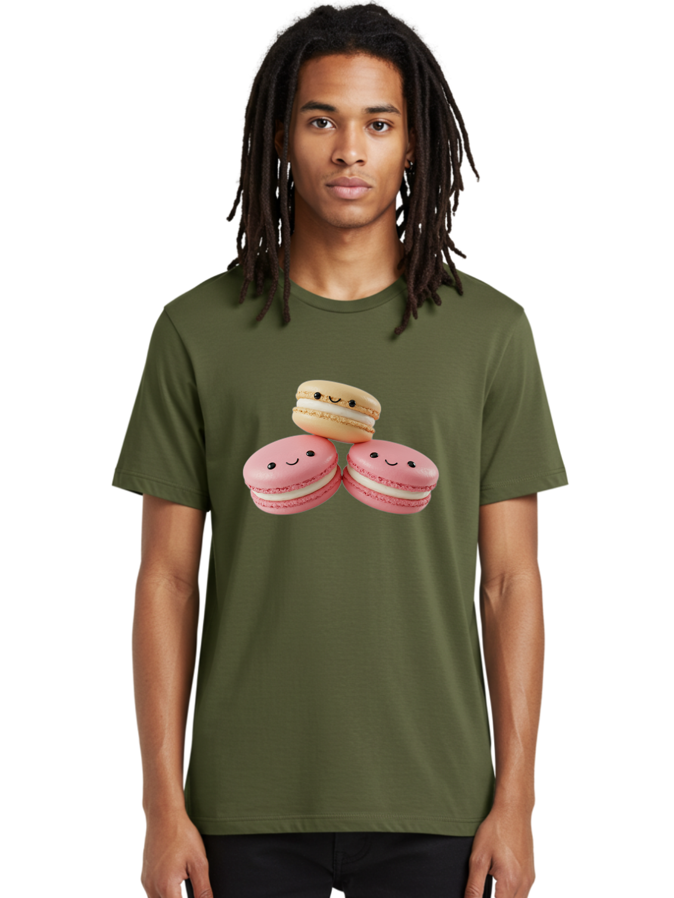 Smiling-Macarons-5 Men'S Graphic Tee, 100% Cotton, Comfortable Casual Summer Wear, Machine Washable, Pink Macarons, Smiling Face, Cute Desserts, French Pastries, White Filling, Beige Macaron, Adorable Treats, Sweet Delights, Happy Faces, Bab422