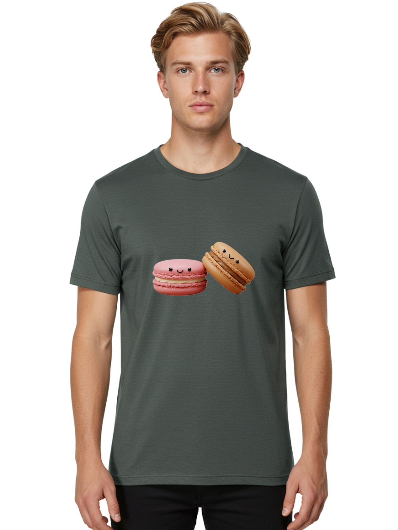 Smiling-Macarons-6 Men'S Graphic Tee, 100% Cotton, Comfortable Casual Summer Wear, Machine Washable, Pink Macaron, Beige Macaron, French Dessert, Sweet Treats, Smiling Faces, Cute Pastries, Delicious Macarons, Bakery Delights Bab423