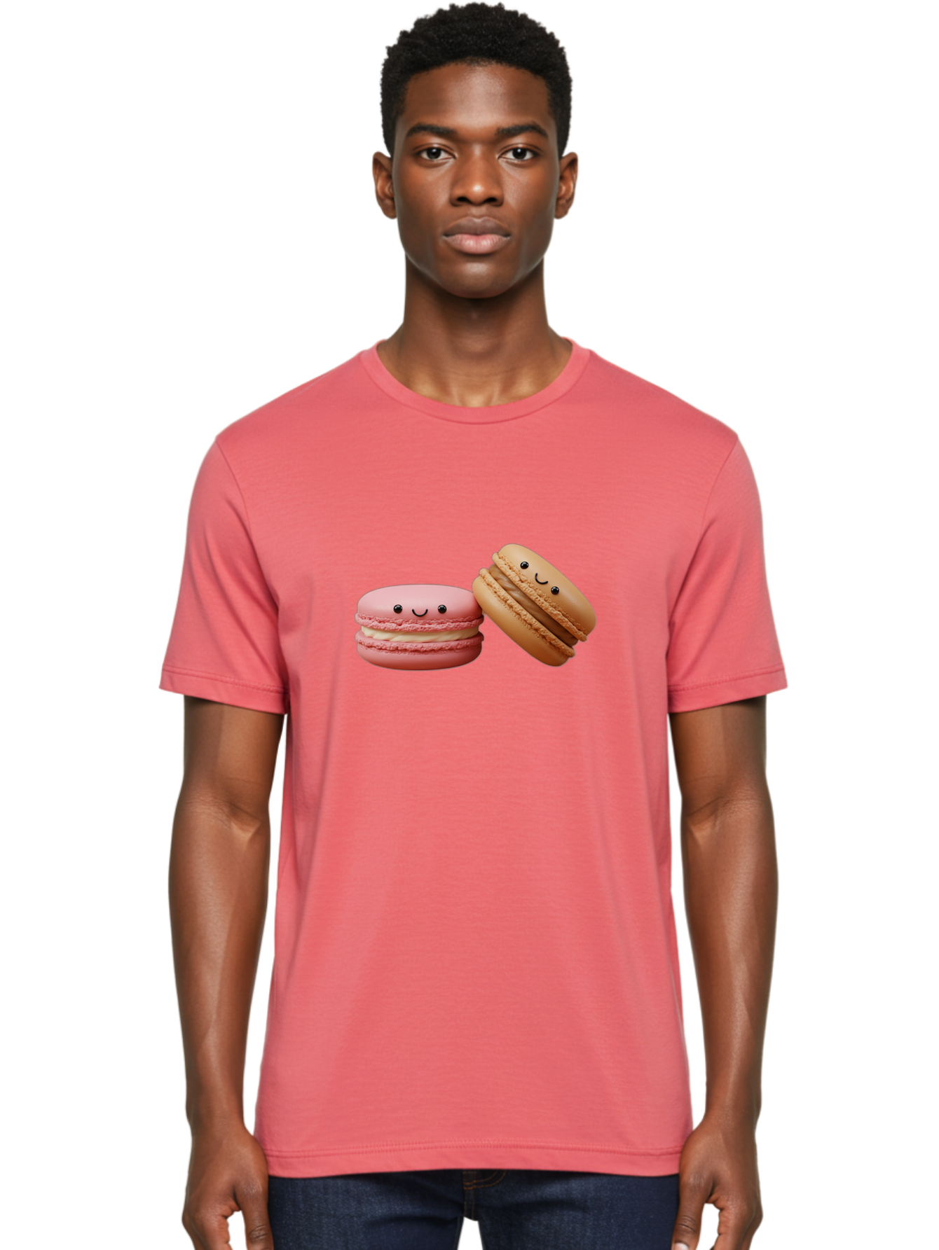Smiling-Macarons-6 Men'S Graphic Tee, 100% Cotton, Comfortable Casual Summer Wear, Machine Washable, Pink Macaron, Beige Macaron, French Dessert, Sweet Treats, Smiling Faces, Cute Pastries, Delicious Macarons, Bakery Delights Bab423