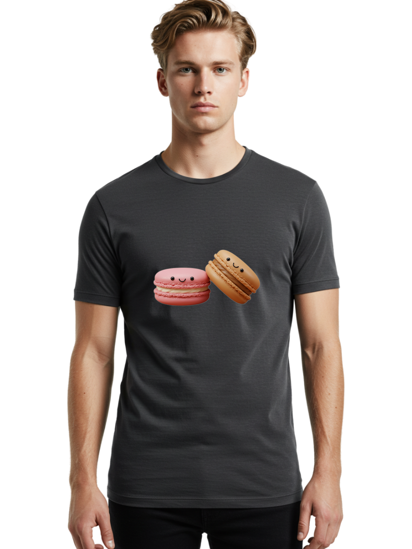 Smiling-Macarons-6 Men'S Graphic Tee, 100% Cotton, Comfortable Casual Summer Wear, Machine Washable, Pink Macaron, Beige Macaron, French Dessert, Sweet Treats, Smiling Faces, Cute Pastries, Delicious Macarons, Bakery Delights Bab423