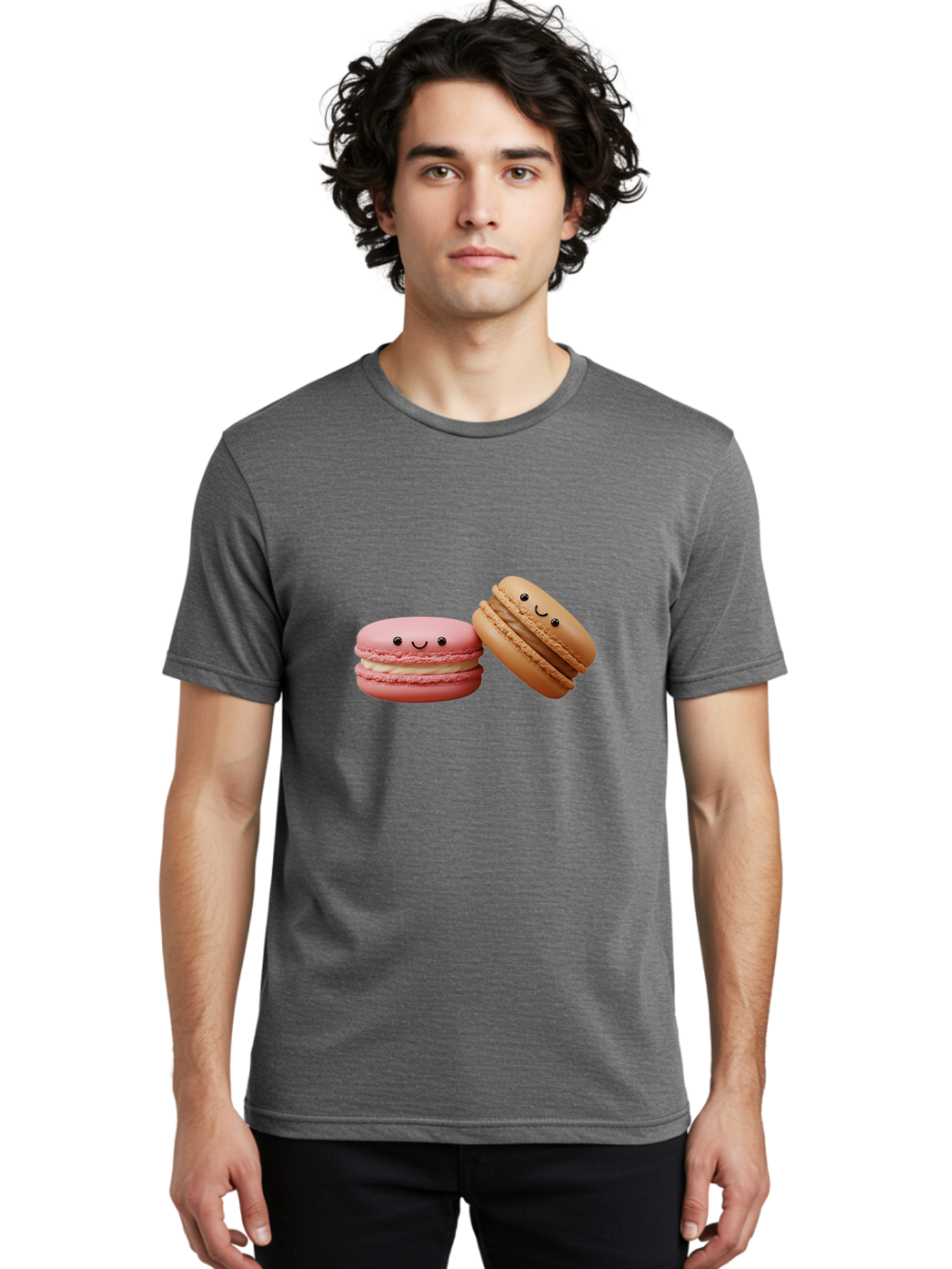 Smiling-Macarons-6 Men'S Graphic Tee, 100% Cotton, Comfortable Casual Summer Wear, Machine Washable, Pink Macaron, Beige Macaron, French Dessert, Sweet Treats, Smiling Faces, Cute Pastries, Delicious Macarons, Bakery Delights Bab423
