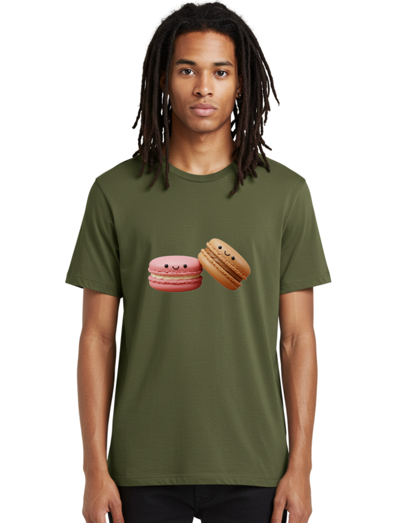 Smiling-Macarons-6 Men'S Graphic Tee, 100% Cotton, Comfortable Casual Summer Wear, Machine Washable, Pink Macaron, Beige Macaron, French Dessert, Sweet Treats, Smiling Faces, Cute Pastries, Delicious Macarons, Bakery Delights Bab423