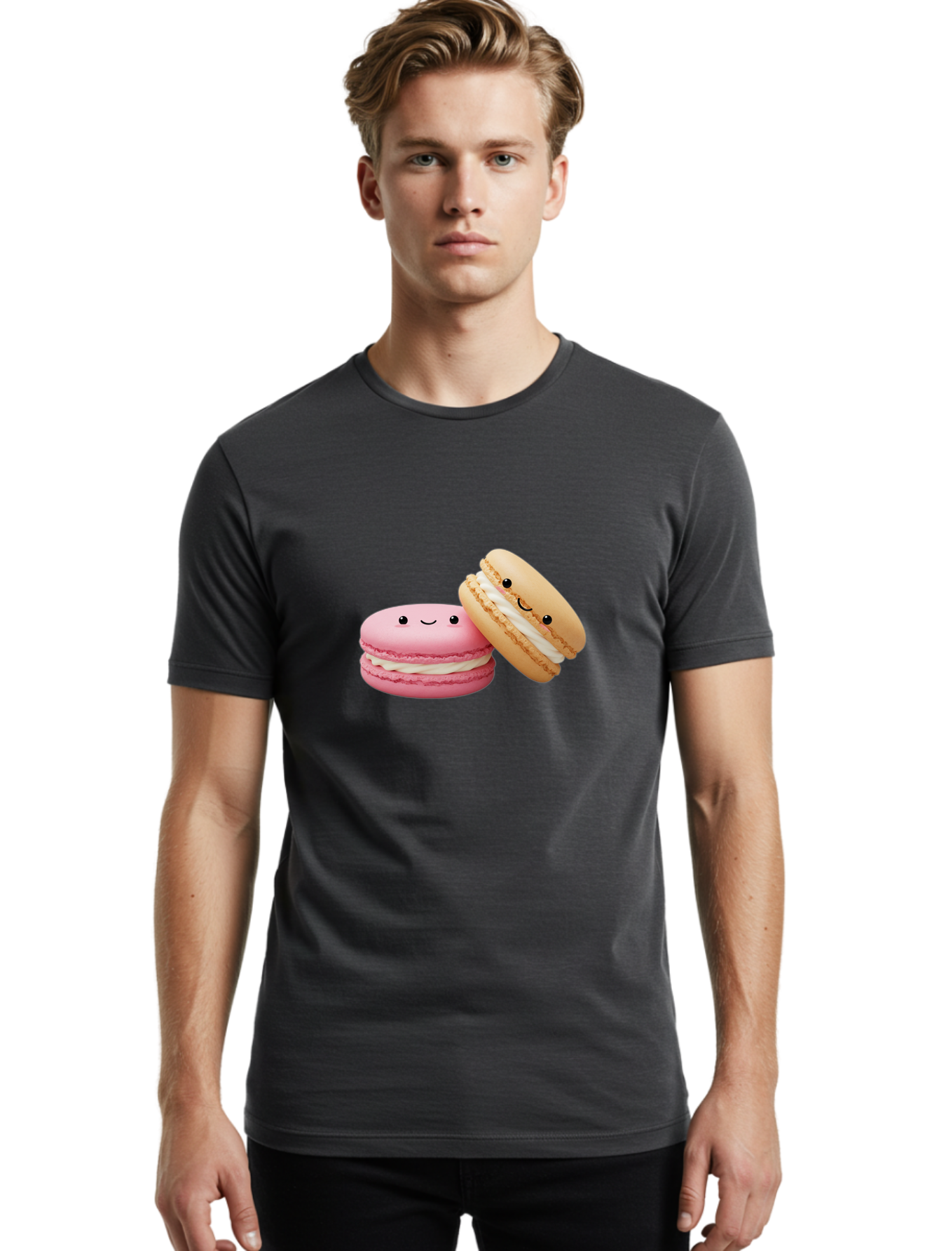Smiling-Macarons Men'S Graphic Tee, 100% Cotton, Comfortable Casual Summer Wear, Machine Washable, Pink Macaron, Beige Macaron, Smiling Faces, Cute Desserts, White Filling, Adorable Treats, French Pastries, Sweet Delights Bab424