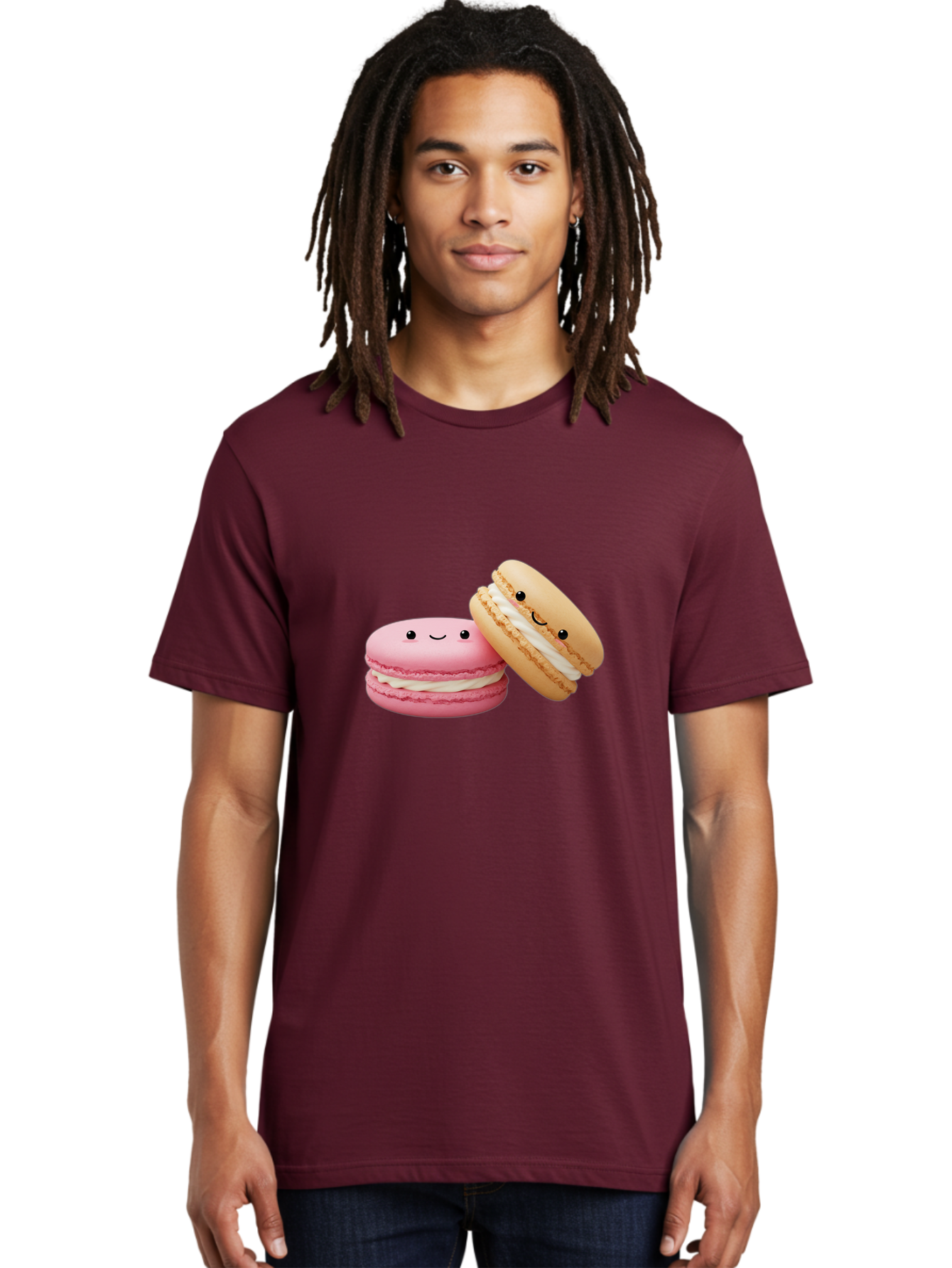 Smiling-Macarons Men'S Graphic Tee, 100% Cotton, Comfortable Casual Summer Wear, Machine Washable, Pink Macaron, Beige Macaron, Smiling Faces, Cute Desserts, White Filling, Adorable Treats, French Pastries, Sweet Delights Bab424