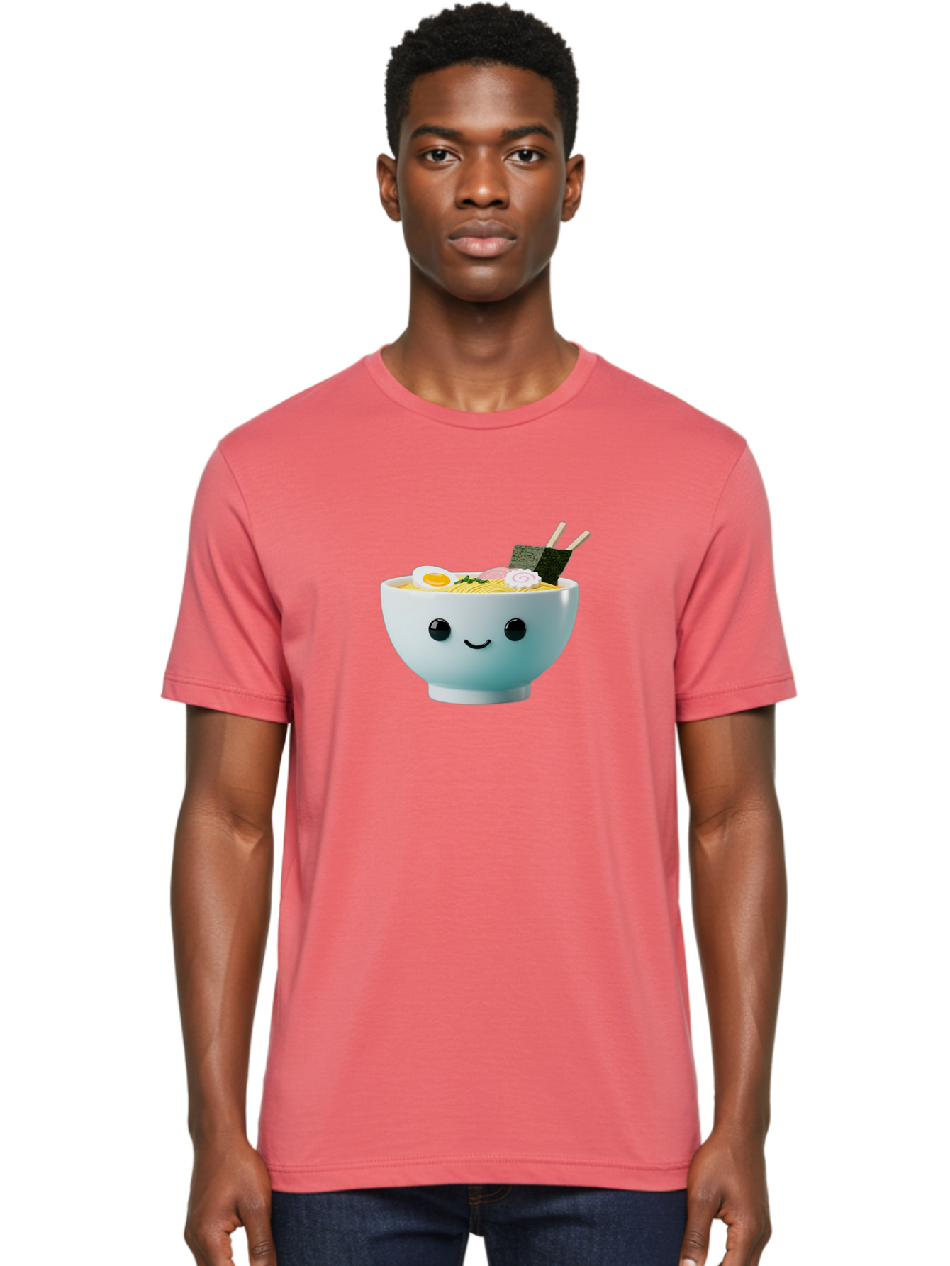 Smiling-Ramen-Bowl Men'S Graphic Tee, 100% Cotton, Comfortable Casual Summer Wear, Machine Washable, Steaming Bowl Of Ramen, Japanese Cuisine, Kawaii Food, Cartoon Character, Noodle Soup, Boiled Egg, Seaweed, Chopsticks, Smiling Face, Bab426