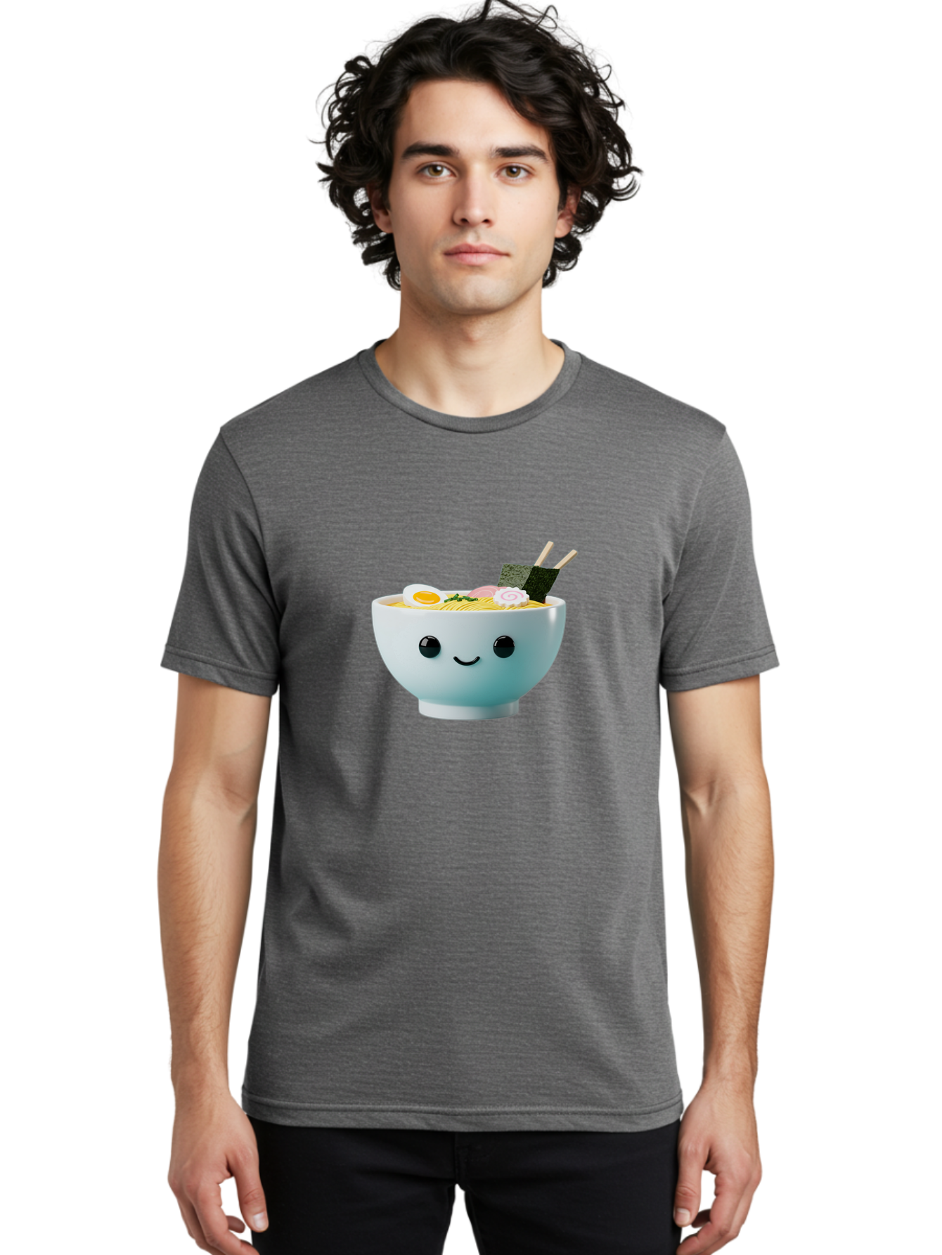 Smiling-Ramen-Bowl Men'S Graphic Tee, 100% Cotton, Comfortable Casual Summer Wear, Machine Washable, Steaming Bowl Of Ramen, Japanese Cuisine, Kawaii Food, Cartoon Character, Noodle Soup, Boiled Egg, Seaweed, Chopsticks, Smiling Face, Bab426