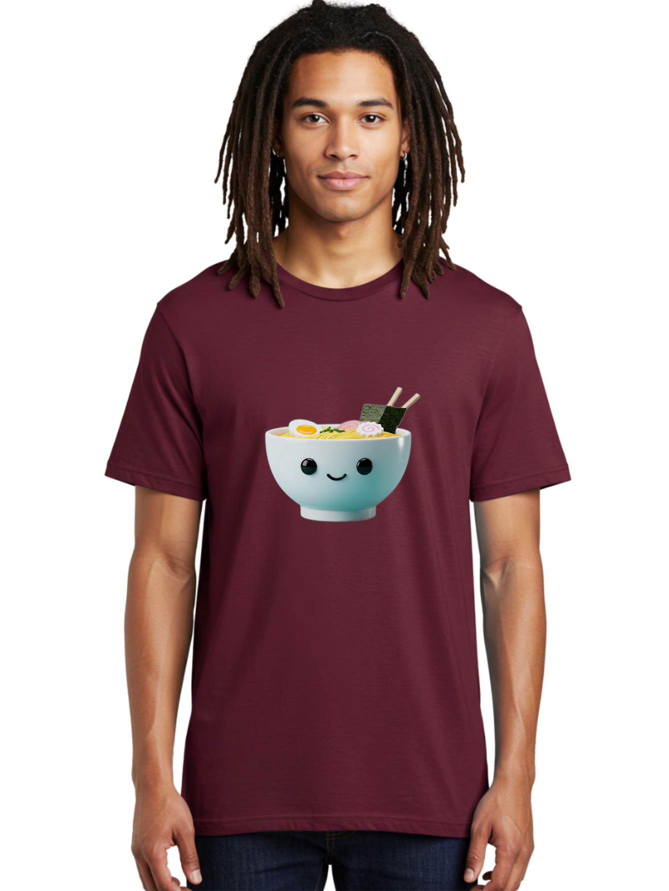 Smiling-Ramen-Bowl Men'S Graphic Tee, 100% Cotton, Comfortable Casual Summer Wear, Machine Washable, Steaming Bowl Of Ramen, Japanese Cuisine, Kawaii Food, Cartoon Character, Noodle Soup, Boiled Egg, Seaweed, Chopsticks, Smiling Face, Bab426