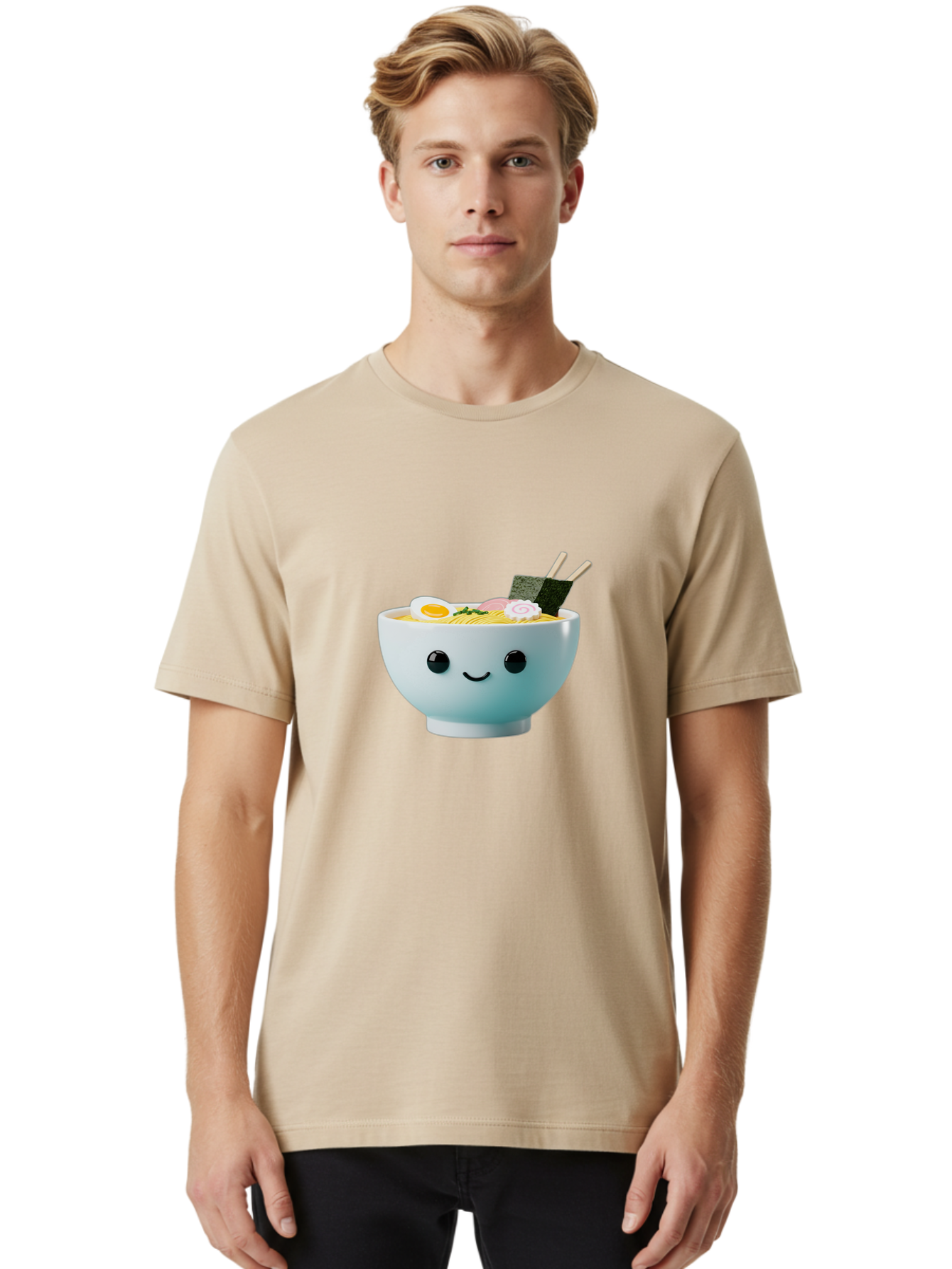 Smiling-Ramen-Bowl Men'S Graphic Tee, 100% Cotton, Comfortable Casual Summer Wear, Machine Washable, Steaming Bowl Of Ramen, Japanese Cuisine, Kawaii Food, Cartoon Character, Noodle Soup, Boiled Egg, Seaweed, Chopsticks, Smiling Face, Bab426