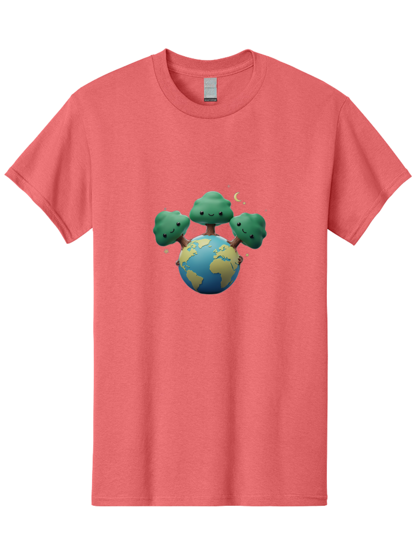 Smiling-Trees-Hugging-Earth Men'S Graphic Tee, 100% Cotton, Comfortable Casual Summer Wear, Machine Washable, Earth With Smiling Trees, Eco-Friendly, Environmental Awareness, Conservation, Sustainable Living, Cartoon Globe, Happy Planet, Bab427