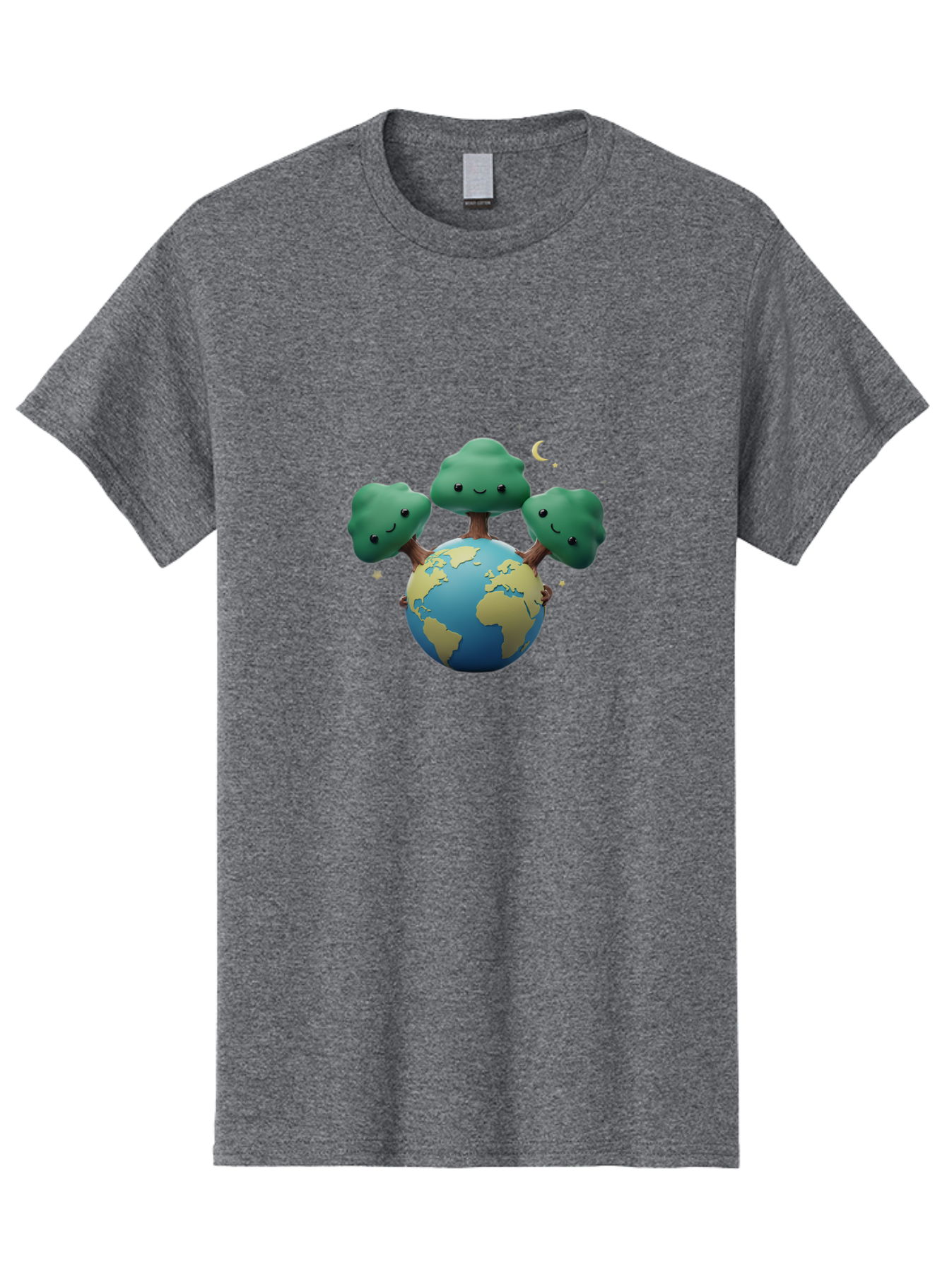 Smiling-Trees-Hugging-Earth Men'S Graphic Tee, 100% Cotton, Comfortable Casual Summer Wear, Machine Washable, Earth With Smiling Trees, Eco-Friendly, Environmental Awareness, Conservation, Sustainable Living, Cartoon Globe, Happy Planet, Bab427
