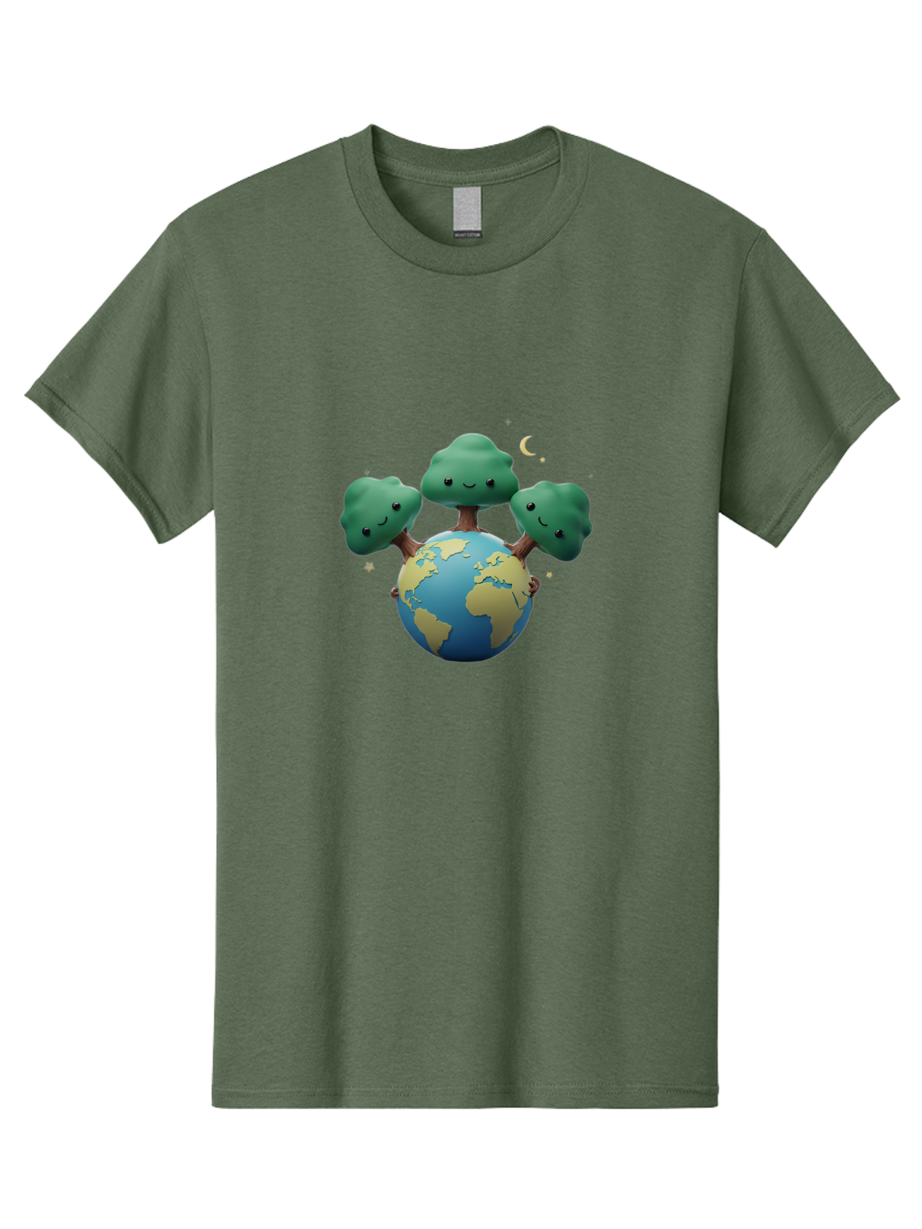 Smiling-Trees-Hugging-Earth Men'S Graphic Tee, 100% Cotton, Comfortable Casual Summer Wear, Machine Washable, Earth With Smiling Trees, Eco-Friendly, Environmental Awareness, Conservation, Sustainable Living, Cartoon Globe, Happy Planet, Bab427