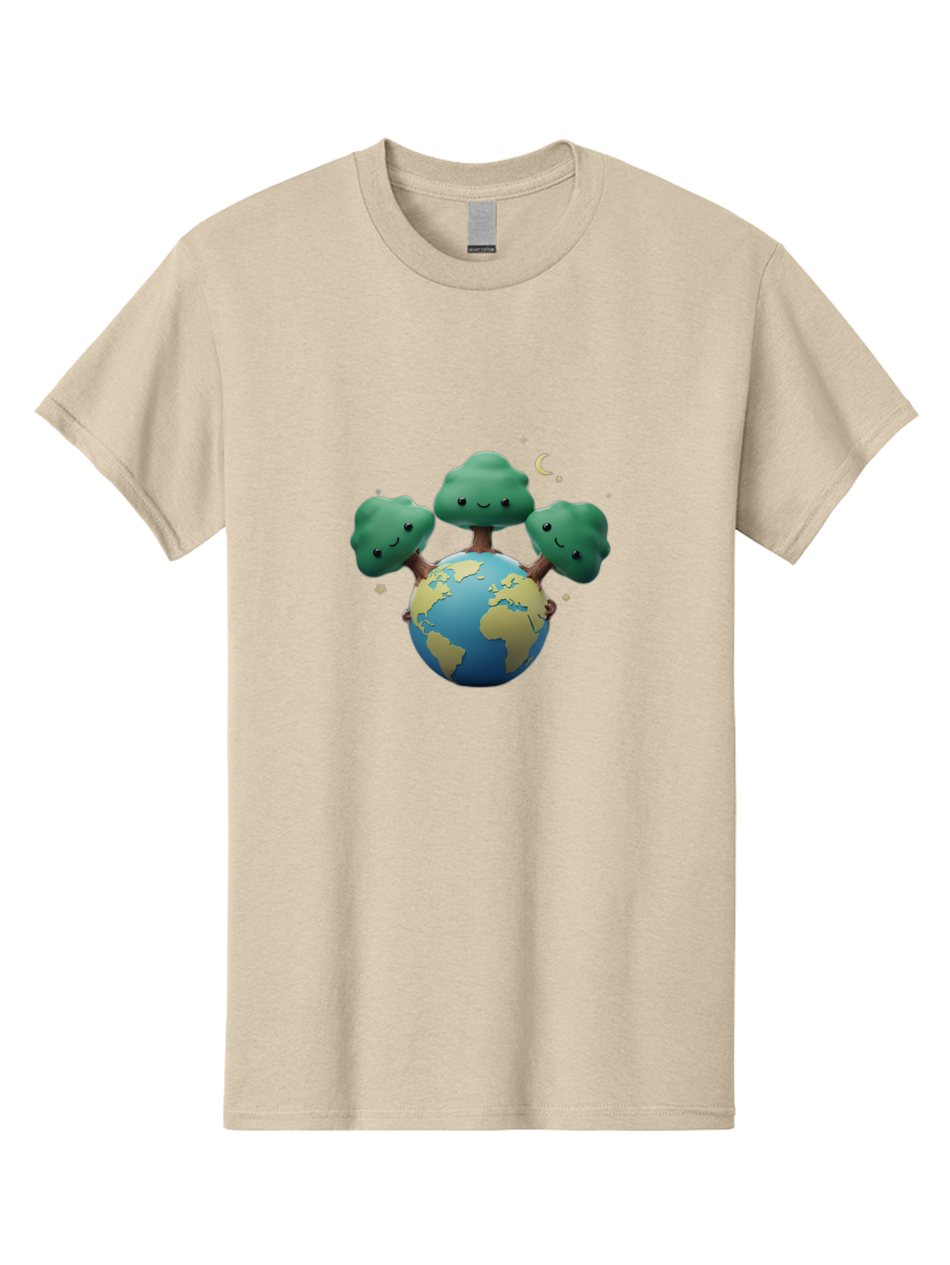 Smiling-Trees-Hugging-Earth Men'S Graphic Tee, 100% Cotton, Comfortable Casual Summer Wear, Machine Washable, Earth With Smiling Trees, Eco-Friendly, Environmental Awareness, Conservation, Sustainable Living, Cartoon Globe, Happy Planet, Bab427
