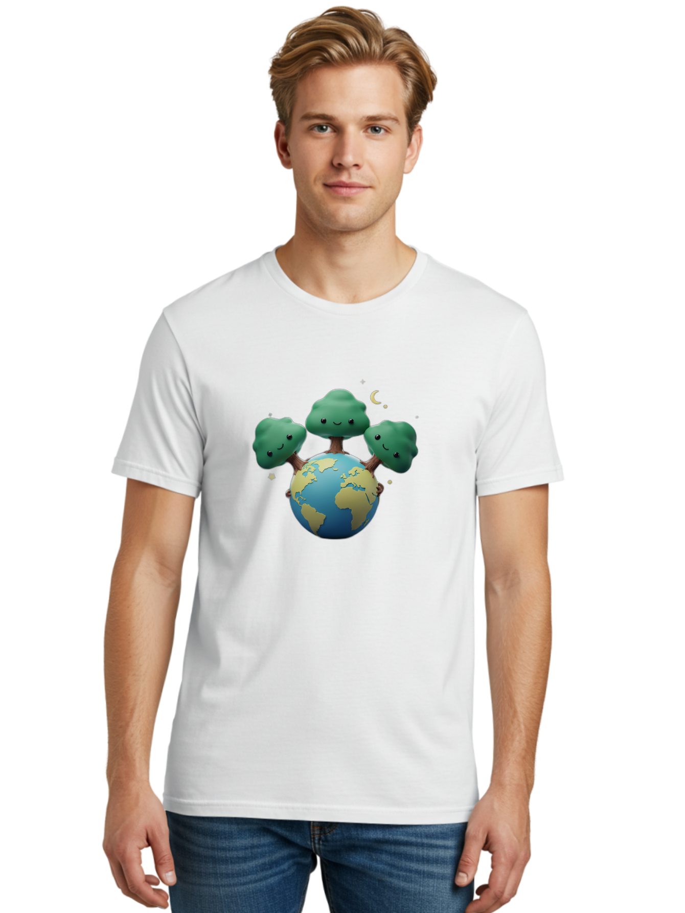 Smiling-Trees-Hugging-Earth Men'S Graphic Tee, 100% Cotton, Comfortable Casual Summer Wear, Machine Washable, Earth With Smiling Trees, Eco-Friendly, Environmental Awareness, Conservation, Sustainable Living, Cartoon Globe, Happy Planet, Bab427